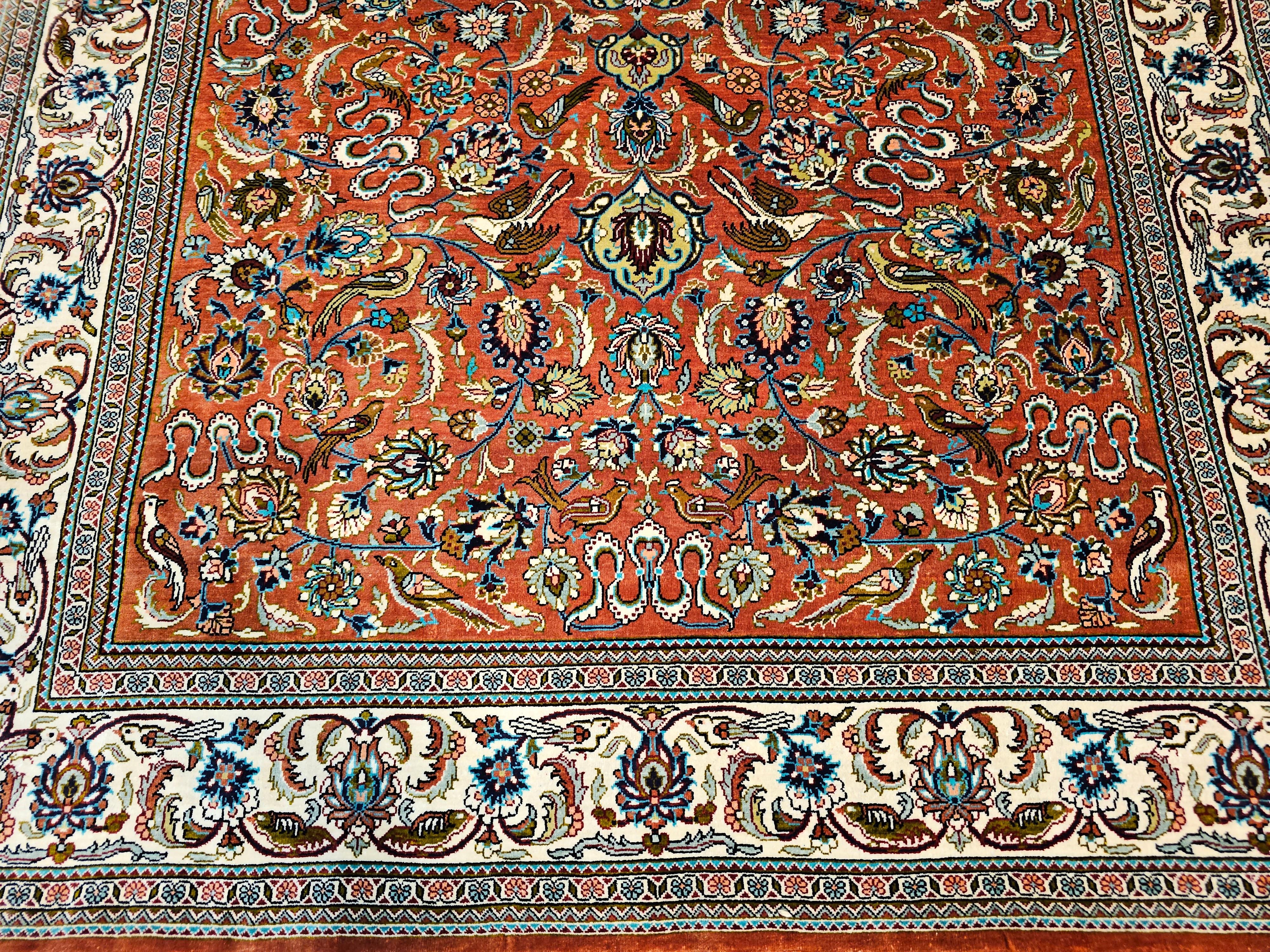 Hand-Woven Vintage Turkish Silk Hereke Area Rug in Garden Pattern in Burgundy, Ivory, Blue For Sale