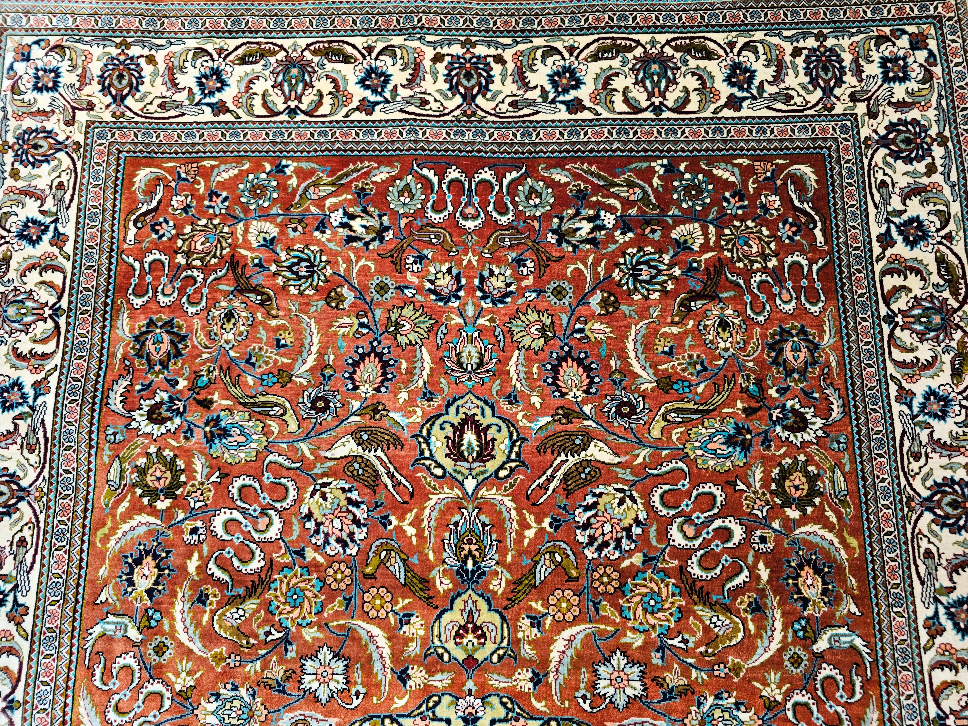 20th Century Vintage Turkish Silk Hereke Area Rug in Garden Pattern in Burgundy, Ivory, Blue For Sale