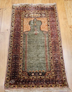 Vintage Turkish Silk Hereke Area Rug in Prayer Pattern in Green, Ivory