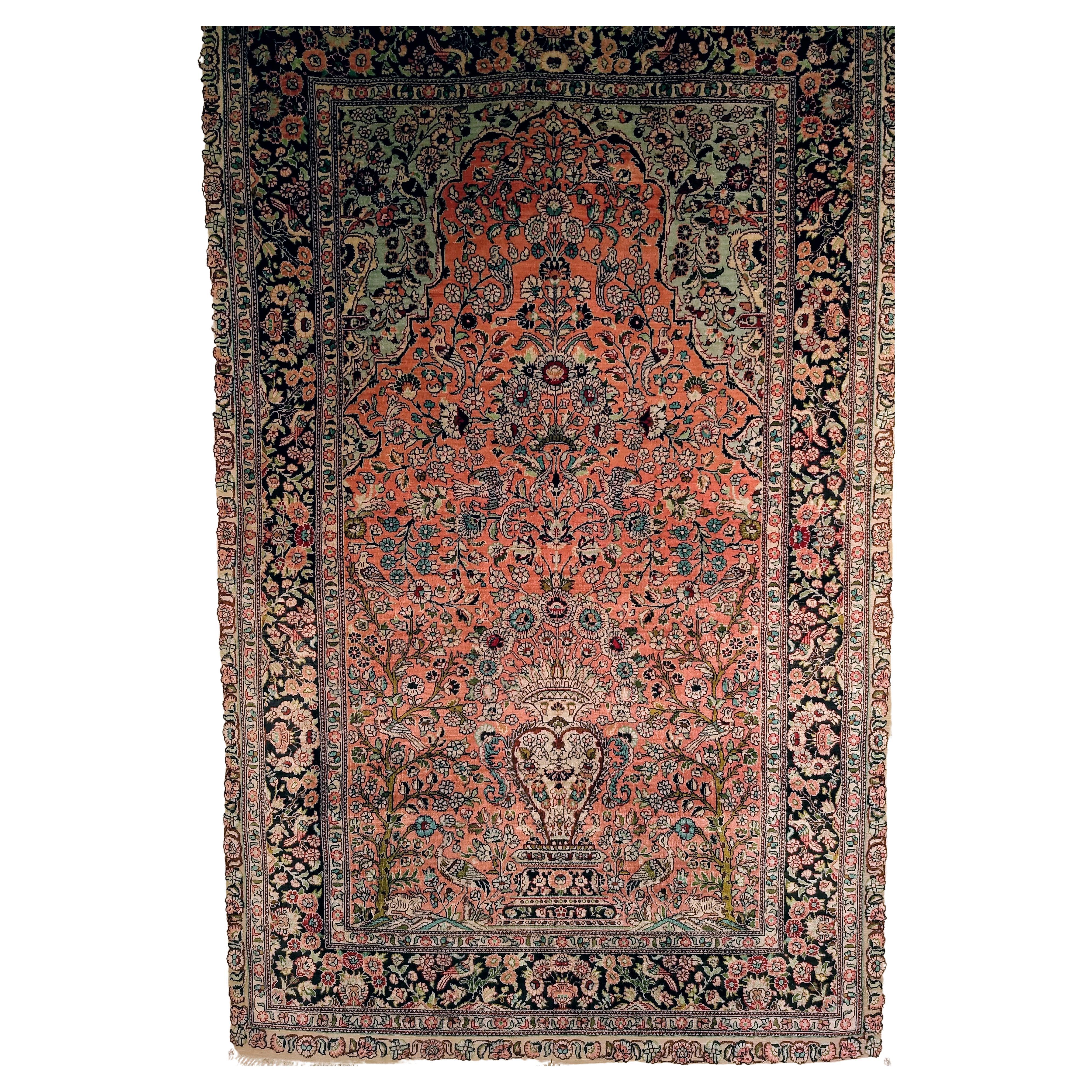 Vintage Turkish Silk Hereke Area Rug in Tree of Life Pattern in Red, Blue