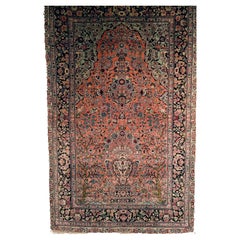 Vintage Turkish Silk Hereke Area Rug in Tree of Life Pattern in Red, Blue