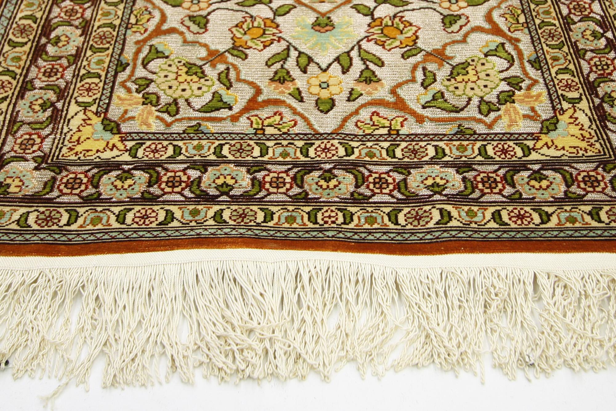 Louis XV Vintage Turkish Silk Hereke Carpet Tapestry with Metallic Threads For Sale