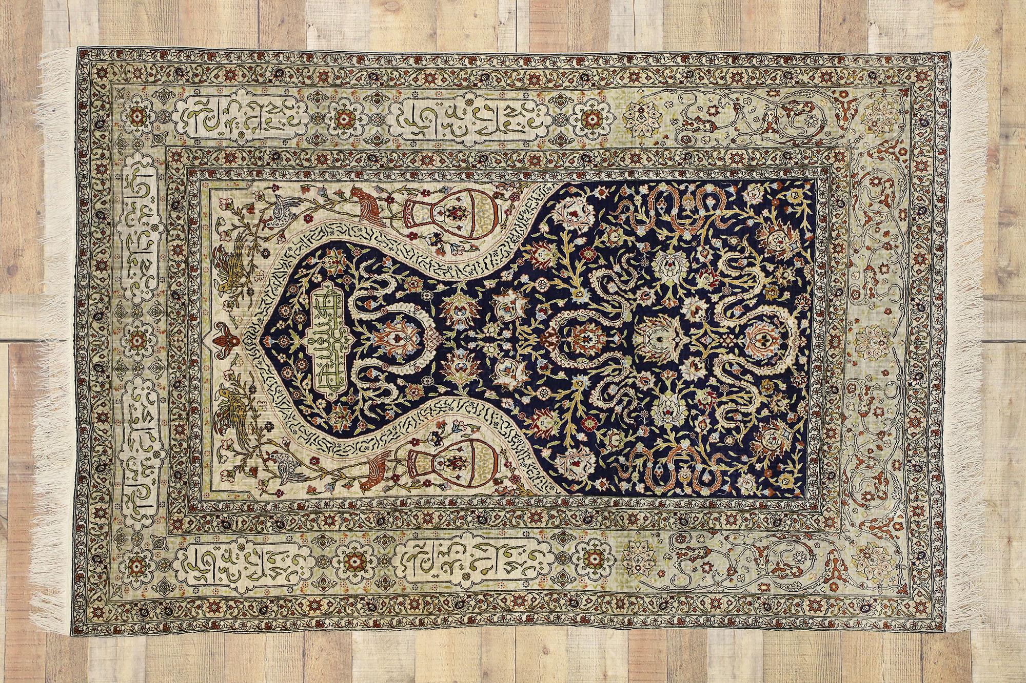 Vintage Turkish Silk Hereke Prayer Rug,  Koum Kapi Inspired by Zareh Penyamin For Sale 5