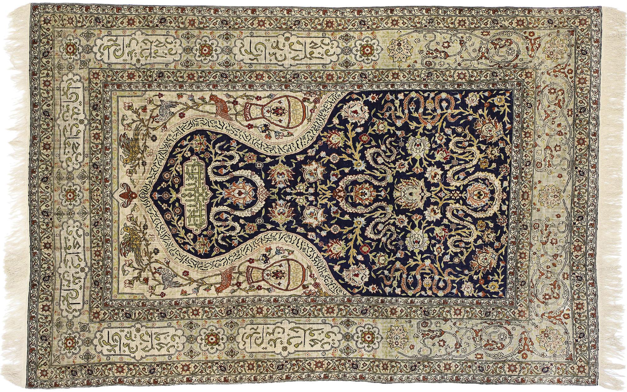 Vintage Turkish Silk Hereke Prayer Rug,  Koum Kapi Inspired by Zareh Penyamin For Sale 6