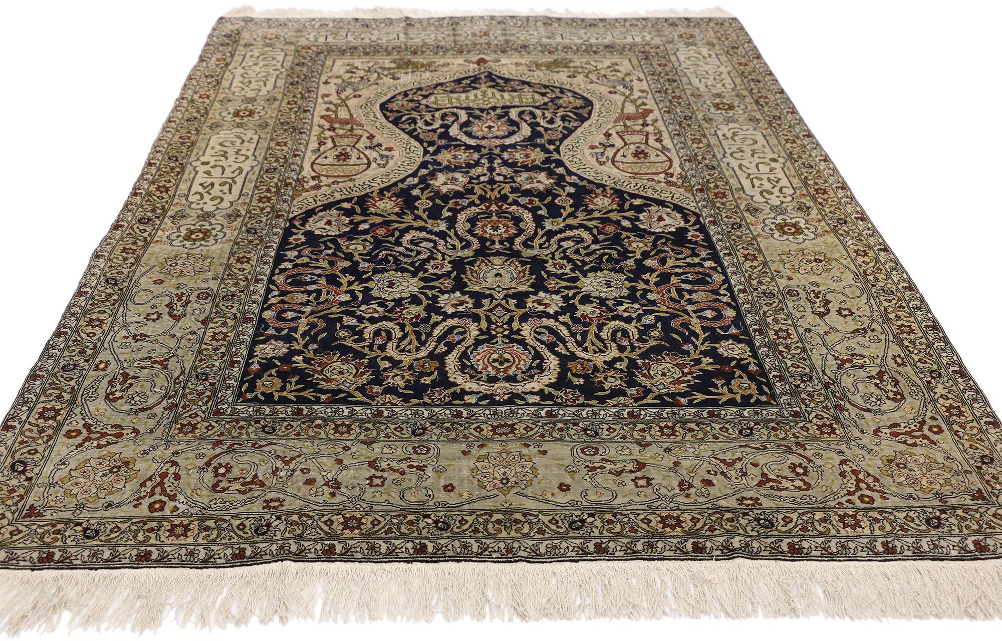 Islamic Vintage Turkish Silk Hereke Prayer Rug,  Koum Kapi Inspired by Zareh Penyamin For Sale