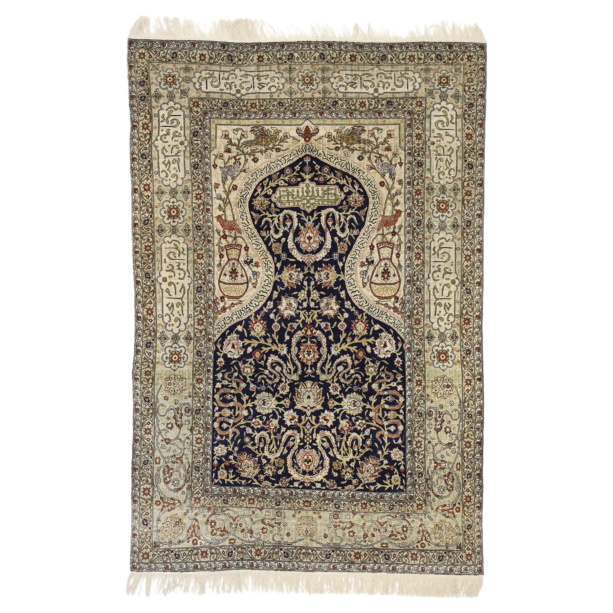 Vintage Turkish Silk Hereke Prayer Rug,  Koum Kapi Inspired by Zareh Penyamin