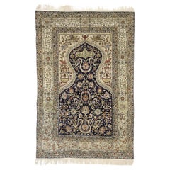 Vintage Turkish Silk Hereke Prayer Rug,  Koum Kapi Inspired by Zareh Penyamin