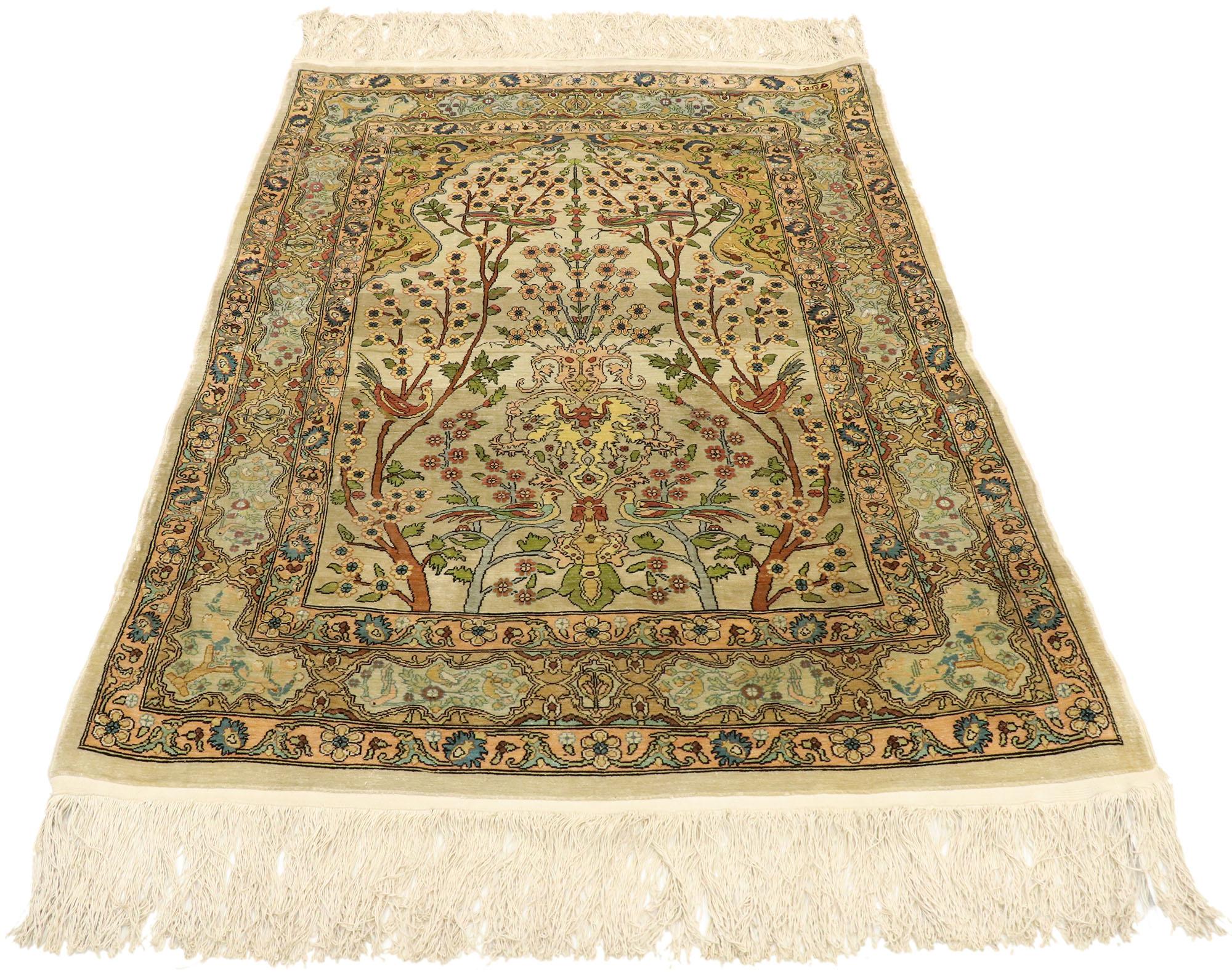 Islamic Vintage Turkish Silk Hereke Prayer Rug with Tree of Life Design For Sale