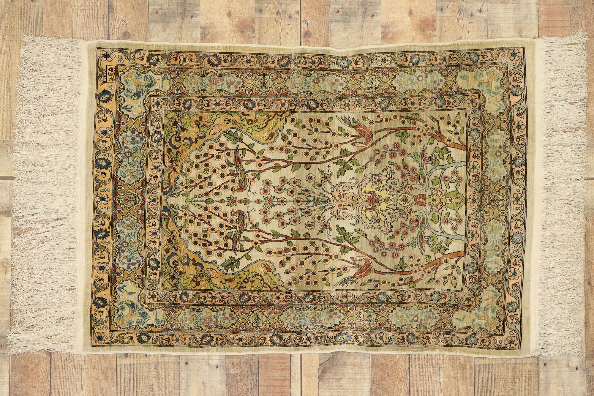 Vintage Turkish Silk Hereke Prayer Rug with Tree of Life Design For Sale 2