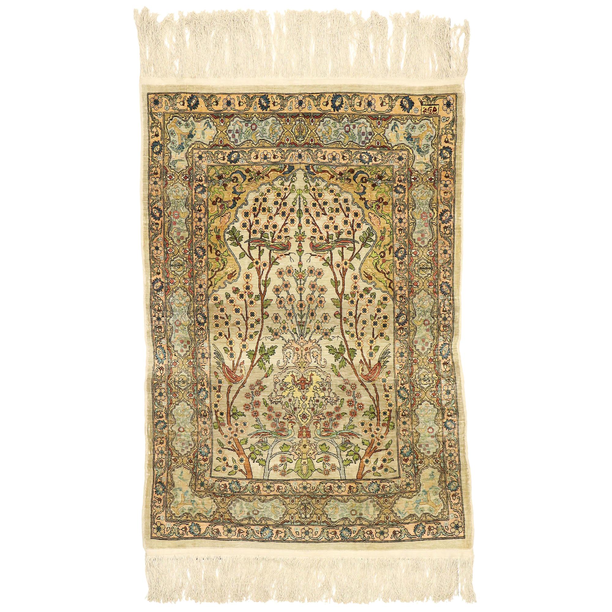Vintage Turkish Silk Hereke Prayer Rug with Tree of Life Design For Sale