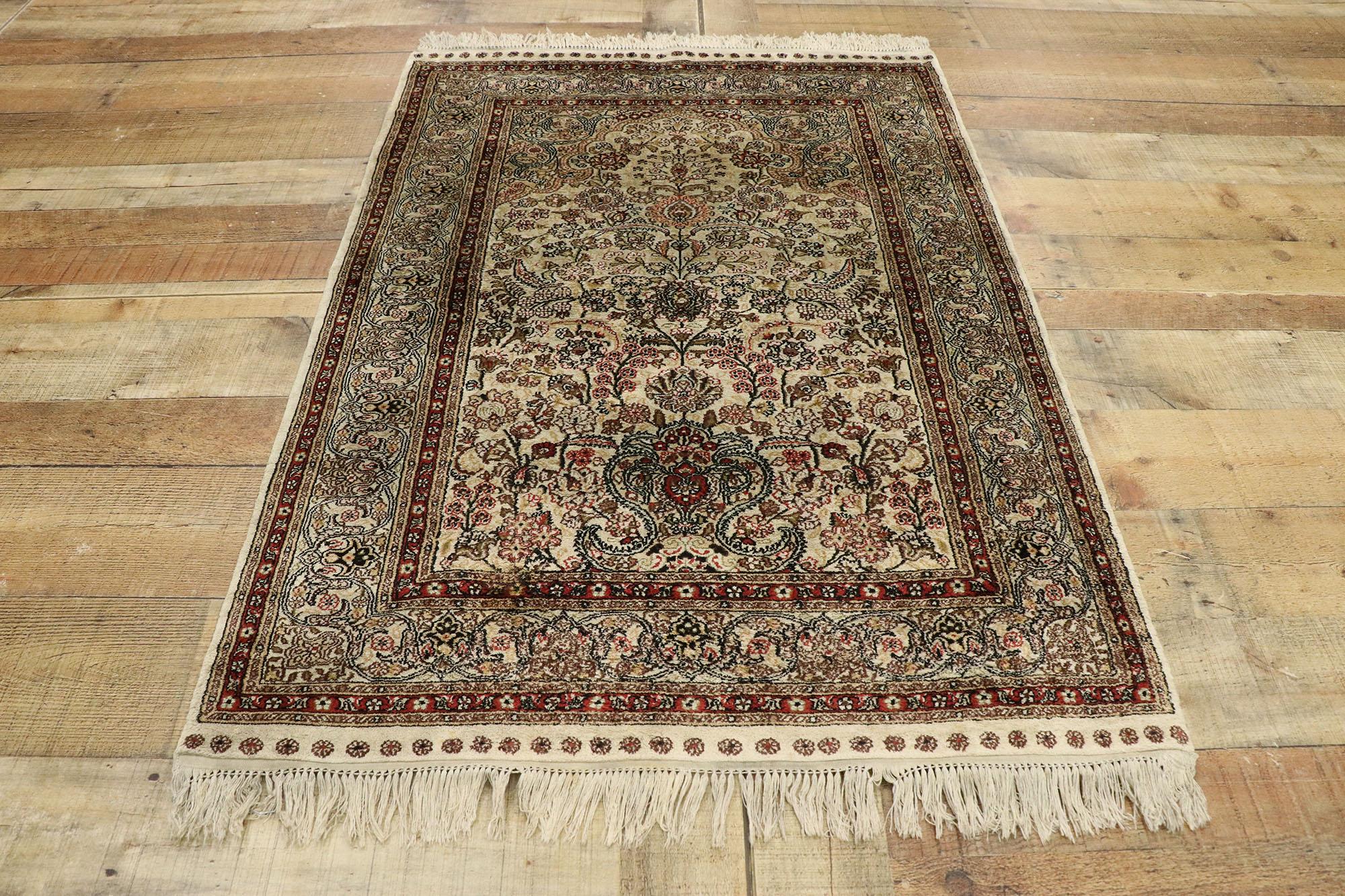 Hand-Knotted Vintage Turkish Silk Hereke Prayer Rug with Tree of Life Design & Ottoman Style For Sale