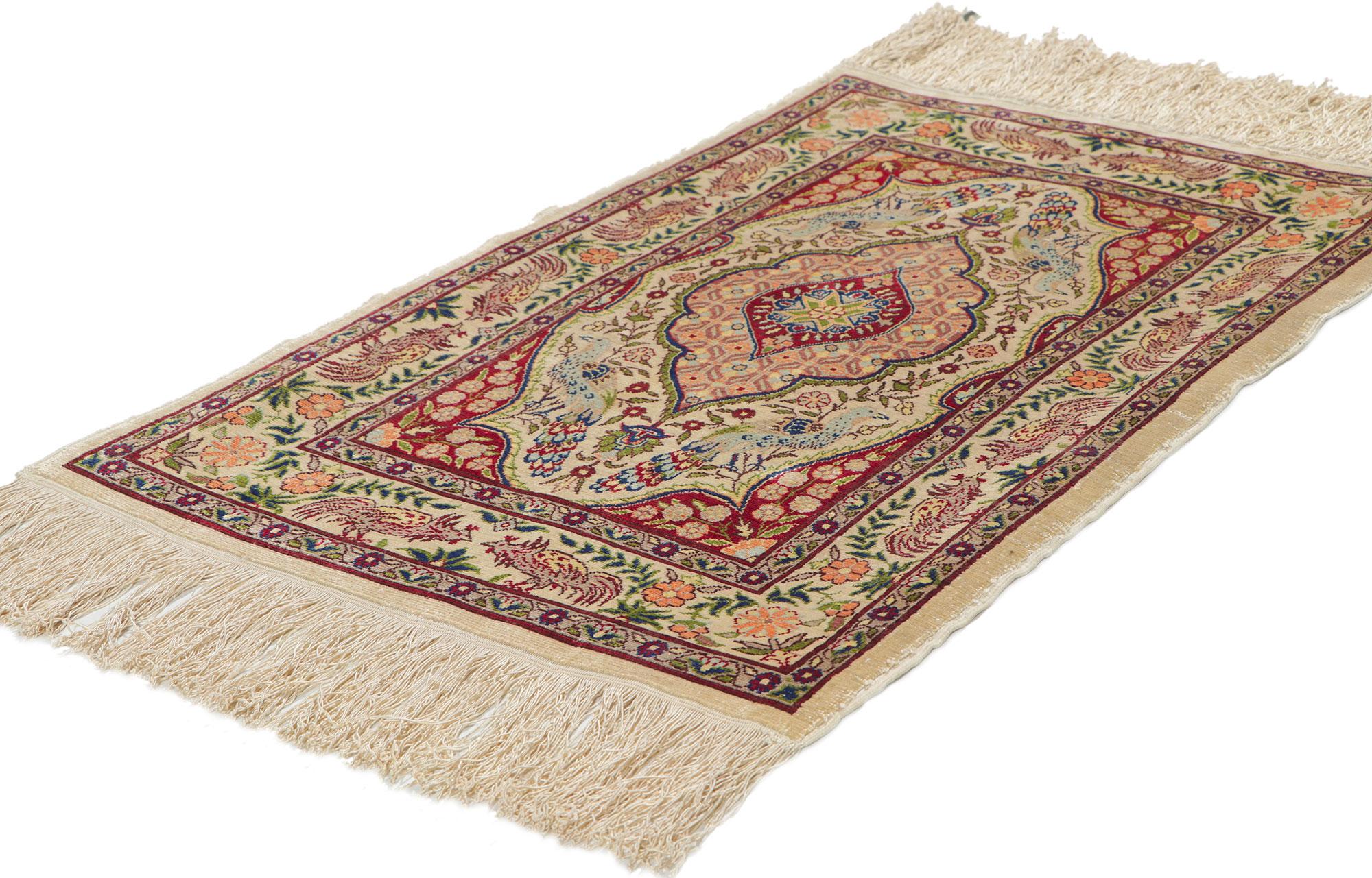 78515 Vintage Turkish Silk Hereke Rug, 01'06 x 02'05?. Emanating traditional style with incredible detail and texture, this hand knotted silk Hereke rug is a captivating vision of woven beauty. The timeless design and refined color palette woven