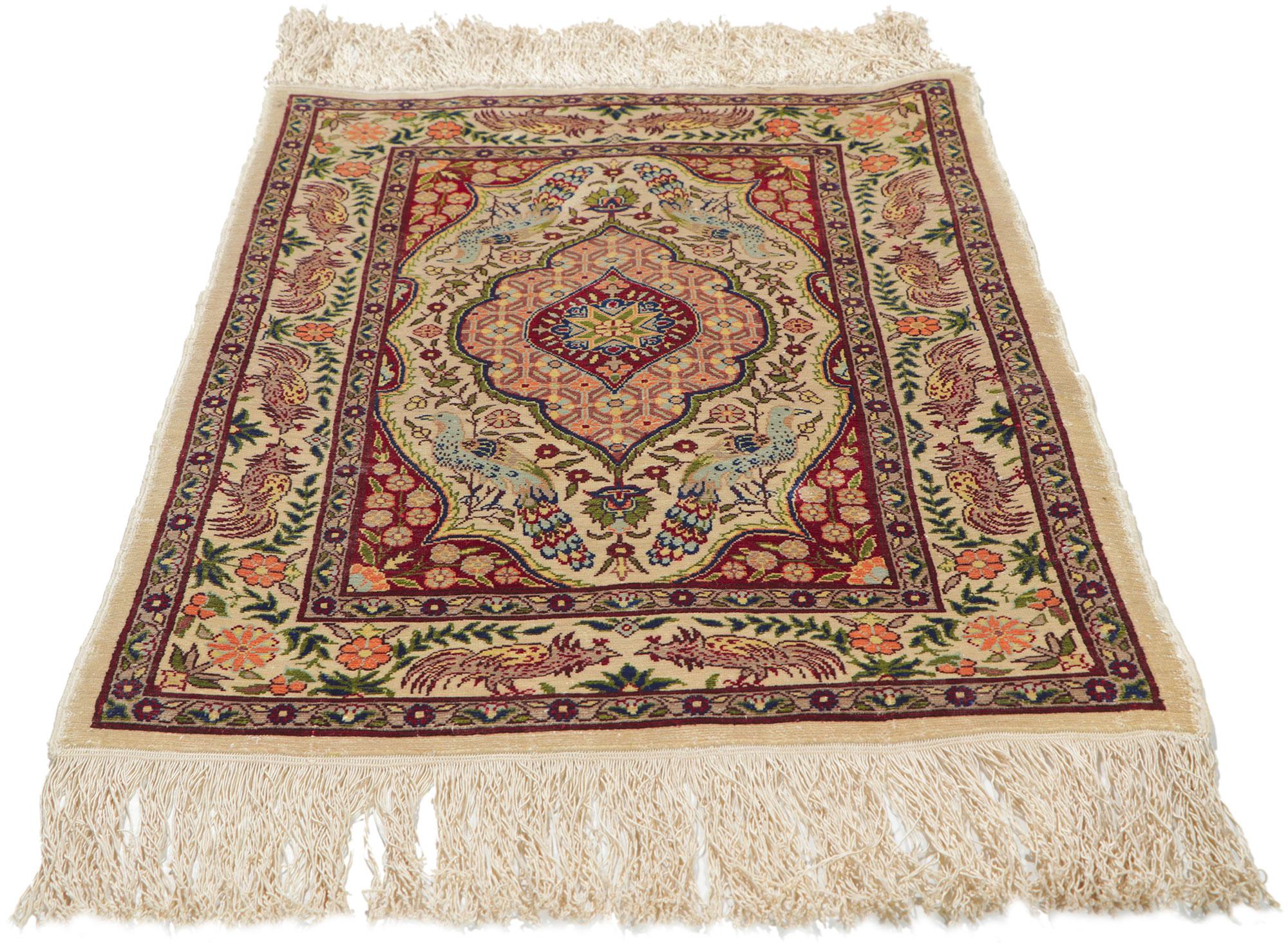 Art Nouveau Vintage Turkish Silk Hereke Rug For Sale