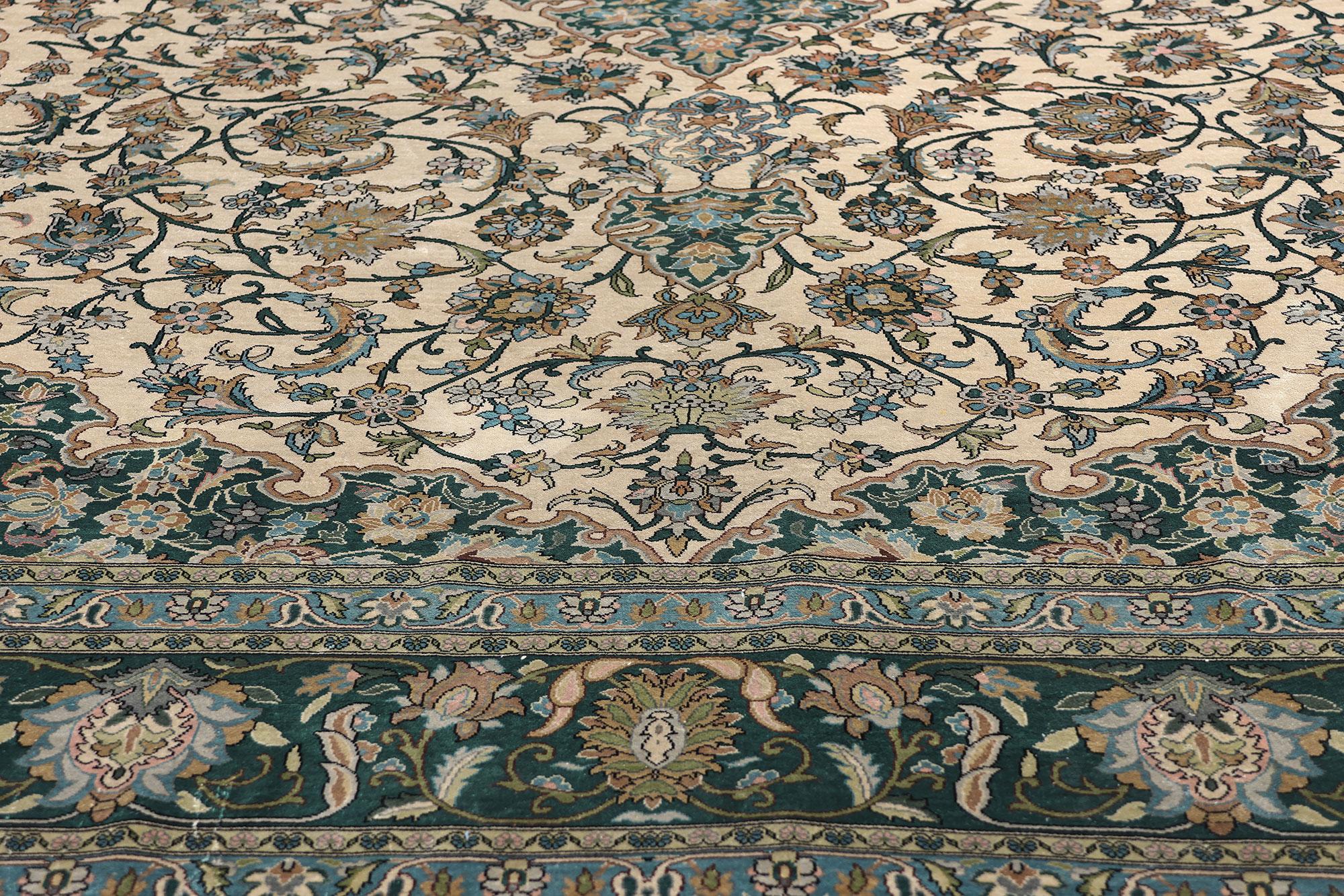 Hand-Knotted Vintage Turkish Silk Hereke Rug, Regal Charm Meets Stately Decadence For Sale