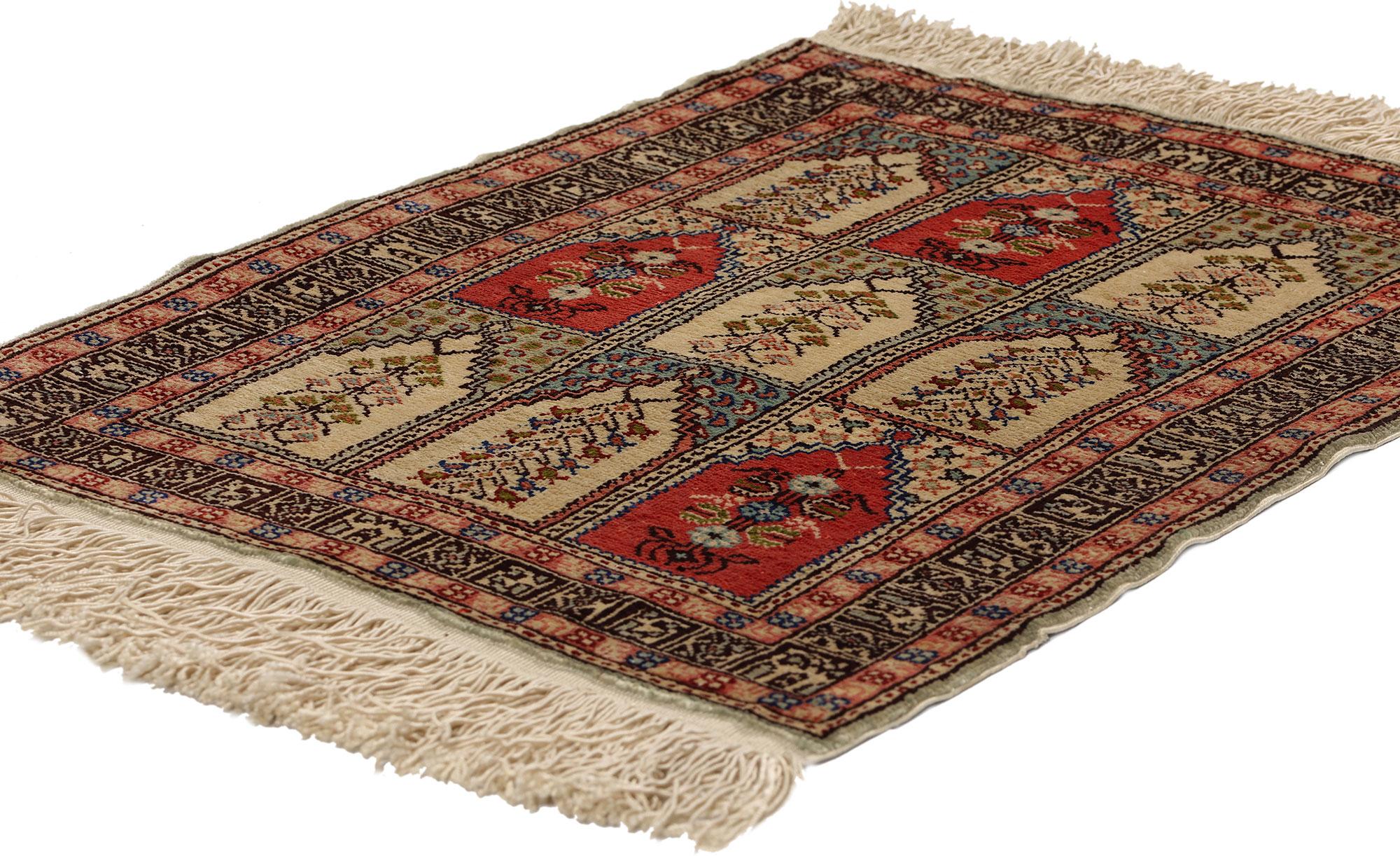 78734 Vintage Turkish Silk Hereke Rug, 02'02 x 03'04. Introducing a masterpiece of artistry and heritage, this hand-knotted silk vintage Turkish Hereke rug is a timeless embodiment of sophistication. Crafted with the utmost care from luxurious silk,