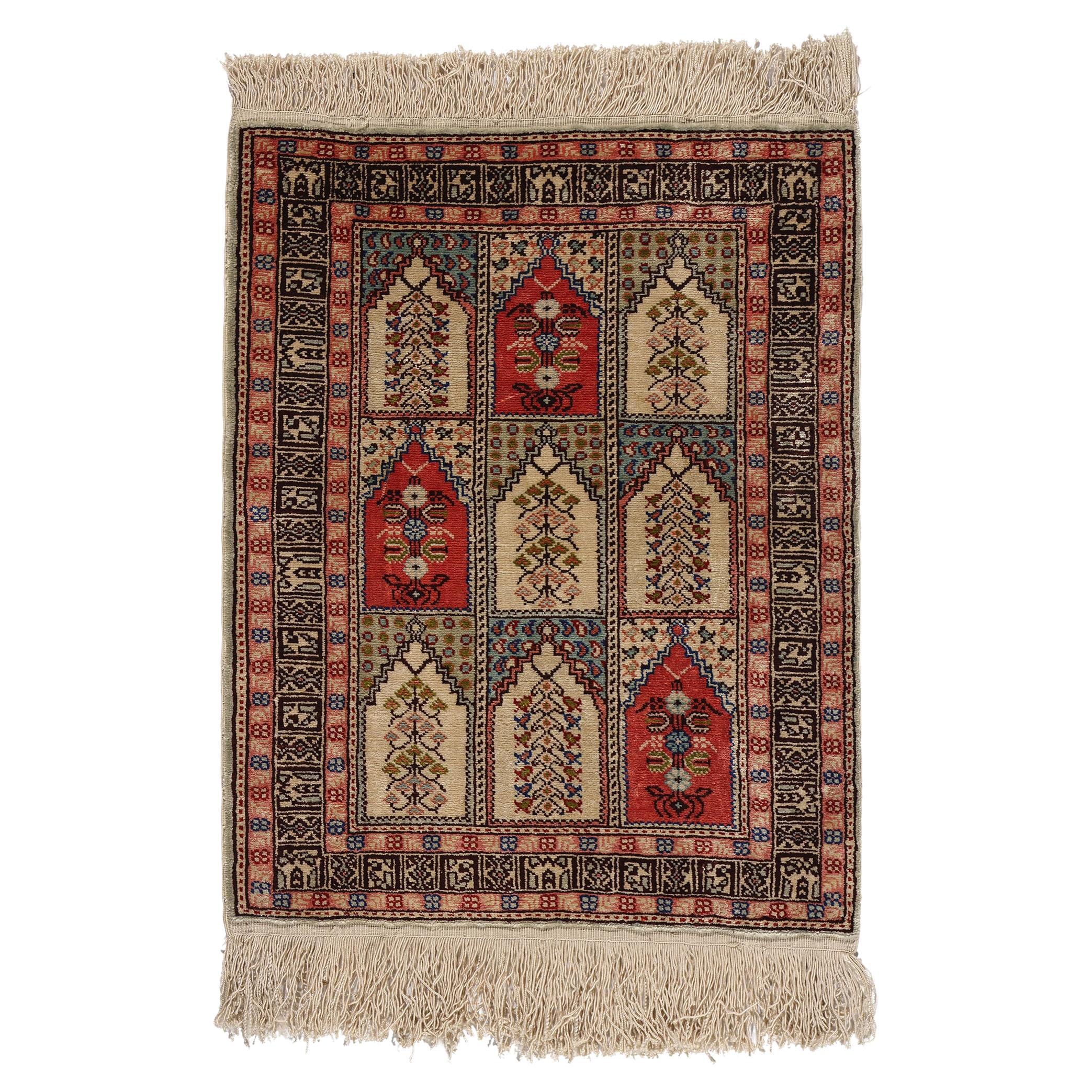 Vintage Turkish Silk Hereke Rug, Timeless Allure Meets Islamic Elegance For Sale