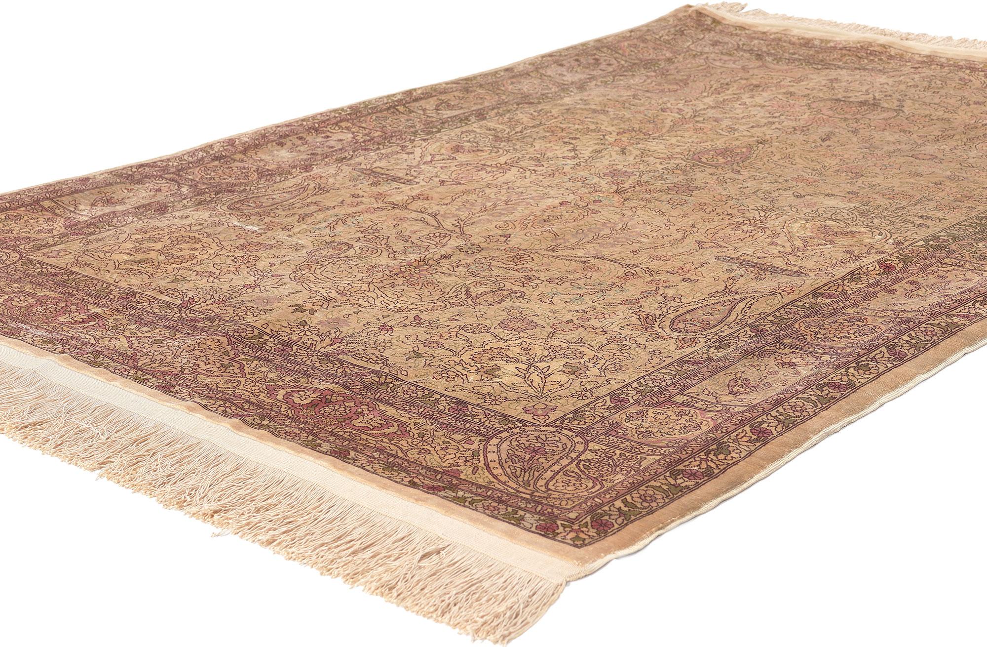 78665 Antique Turkish Silk Hereke Prayer Rug, 03'05 x 05'03. ​Behold the enchanting tapestry of a bygone ear, woven with mastery annd imbued with a timeless allure. This hand knotted silk antique Turkish Hereke prayer rug is a treasure of woven