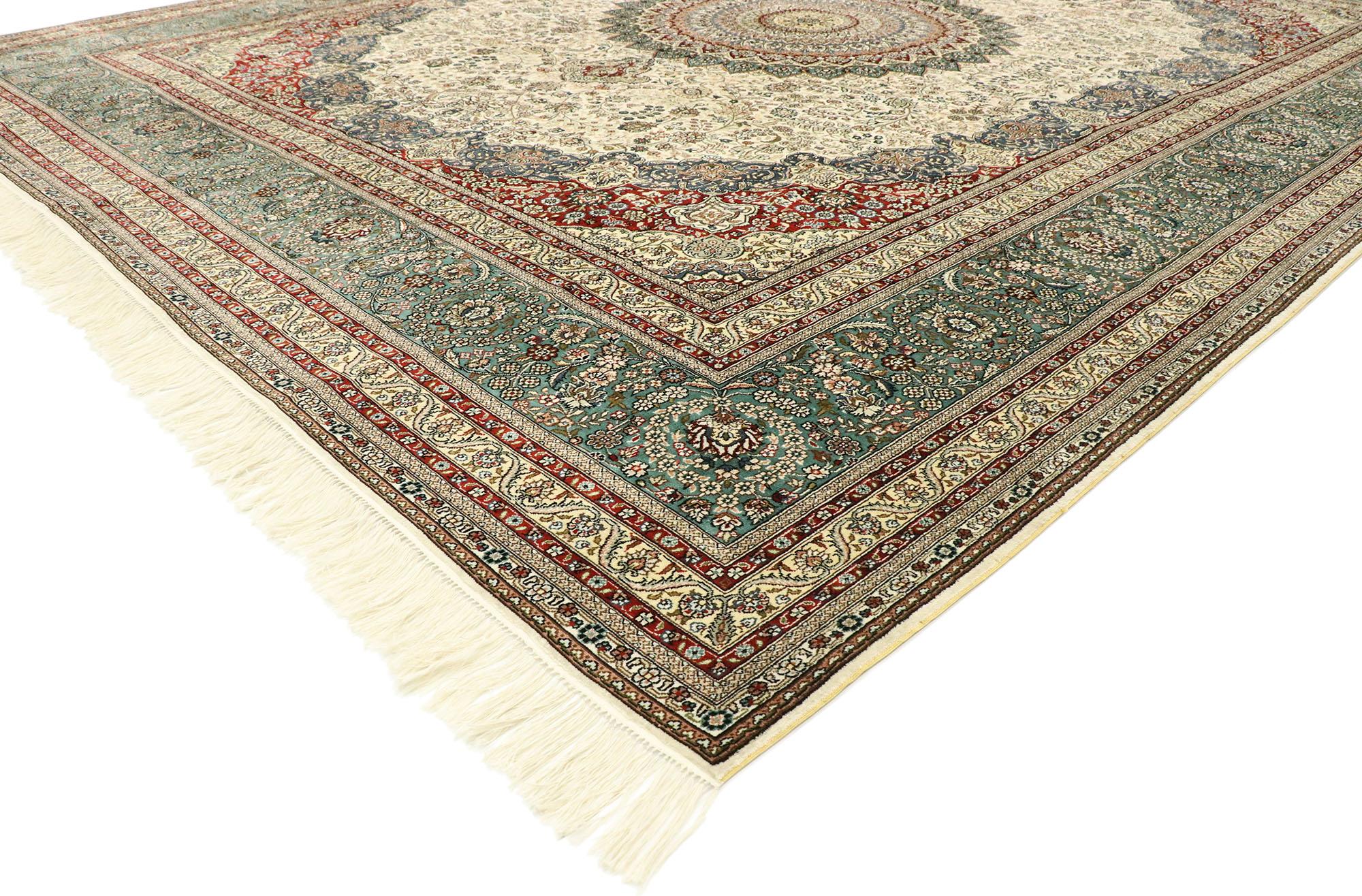 77506, vintage Turkish silk Hereke rug with Arabesque Art Nouveau Rococo style. With ornate details and well-balanced symmetry combined with a tranquil color palette, this hand-knotted silk vintage Turkish Hereke rug beautifully embodies both Art