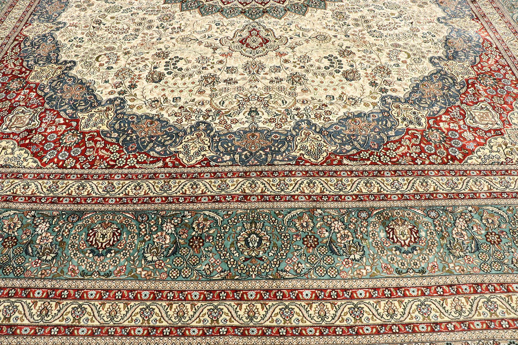 Hand-Knotted Vintage Turkish Silk Hereke Rug with Arabesque Art Nouveau Rococo Style
