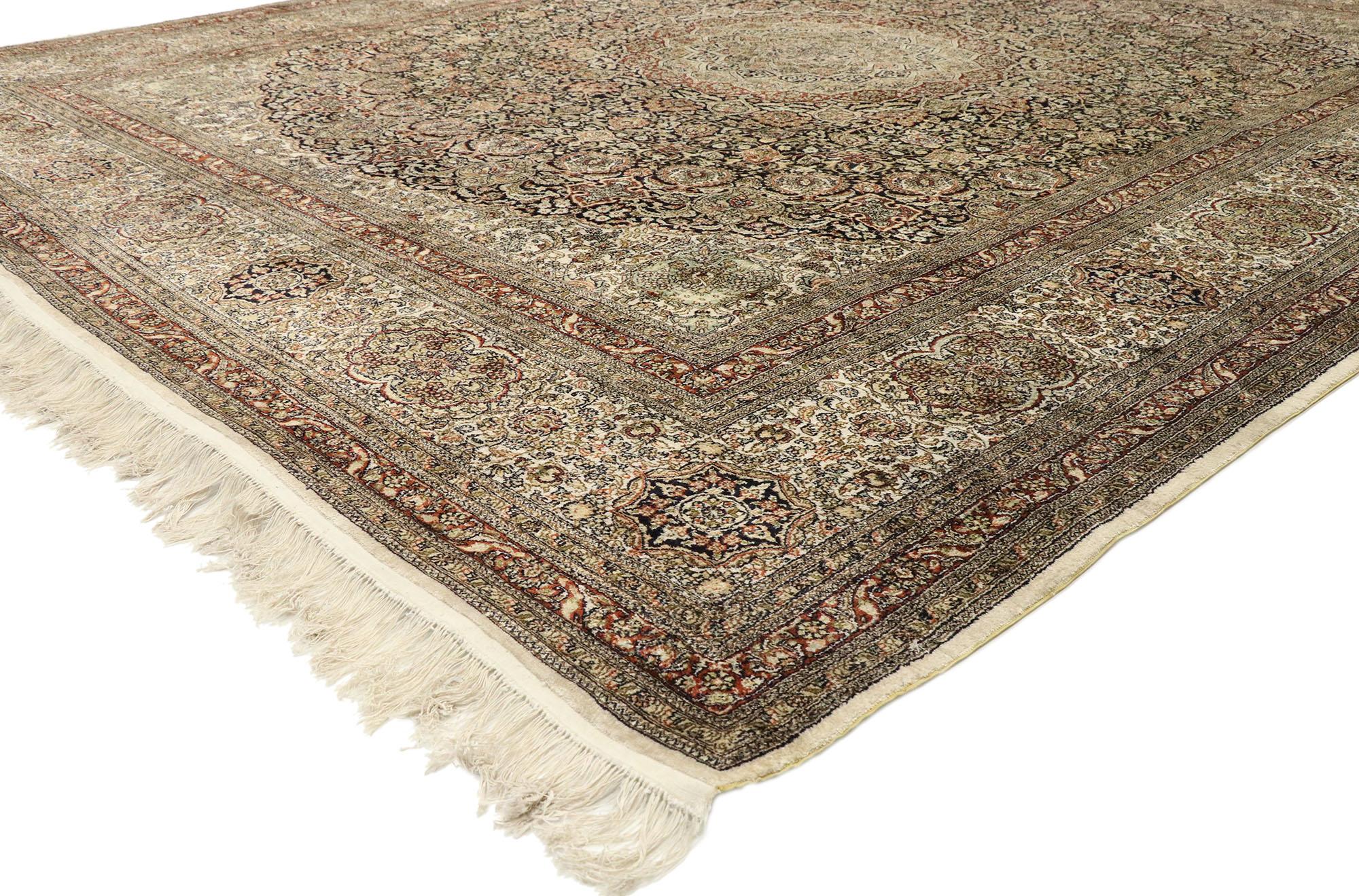 77475, vintage Turkish silk Hereke rug with Art Nouveau Rococo style. With ornate details and well-balanced symmetry combined with a dreamy color palette, this hand knotted silk vintage Turkish Hereke area rug beautifully embodies both Art Nouveau