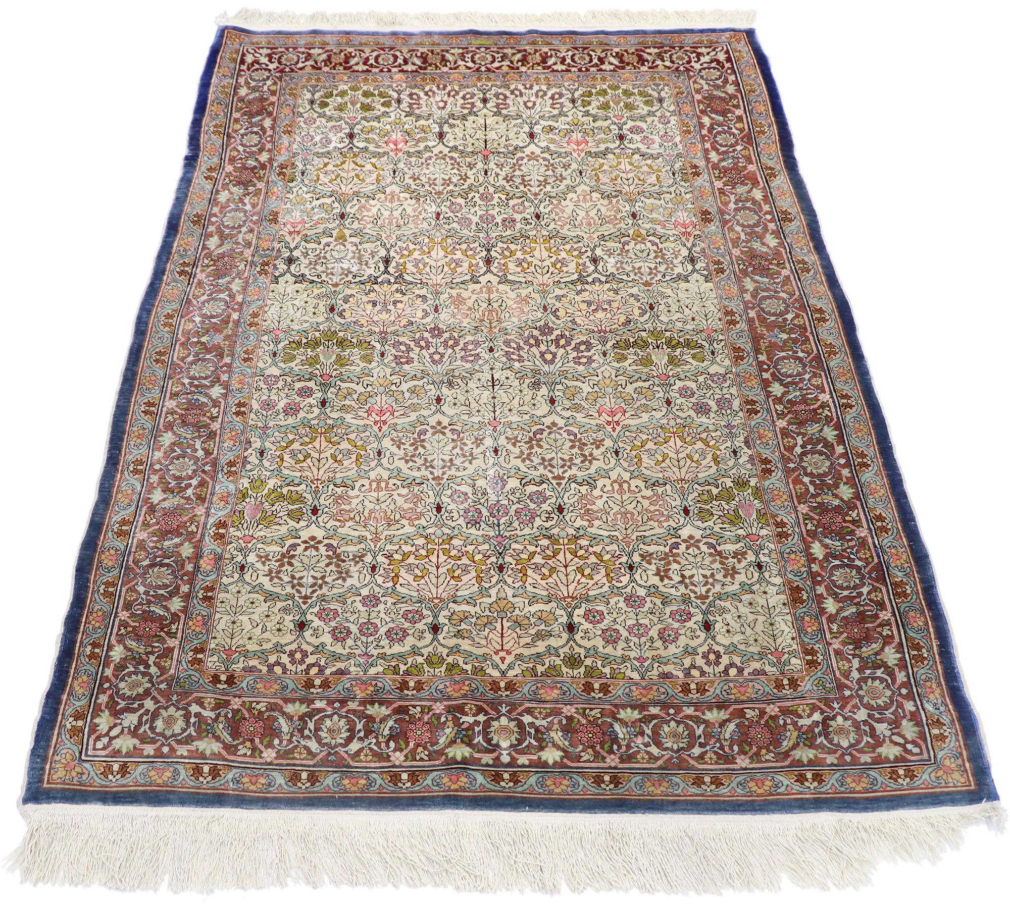 Medieval Vintage Turkish Silk Hereke Rug with Art Nouveau Rococo Style For Sale
