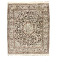 Tapis vintage en soie turque Hereke ivoire et noir