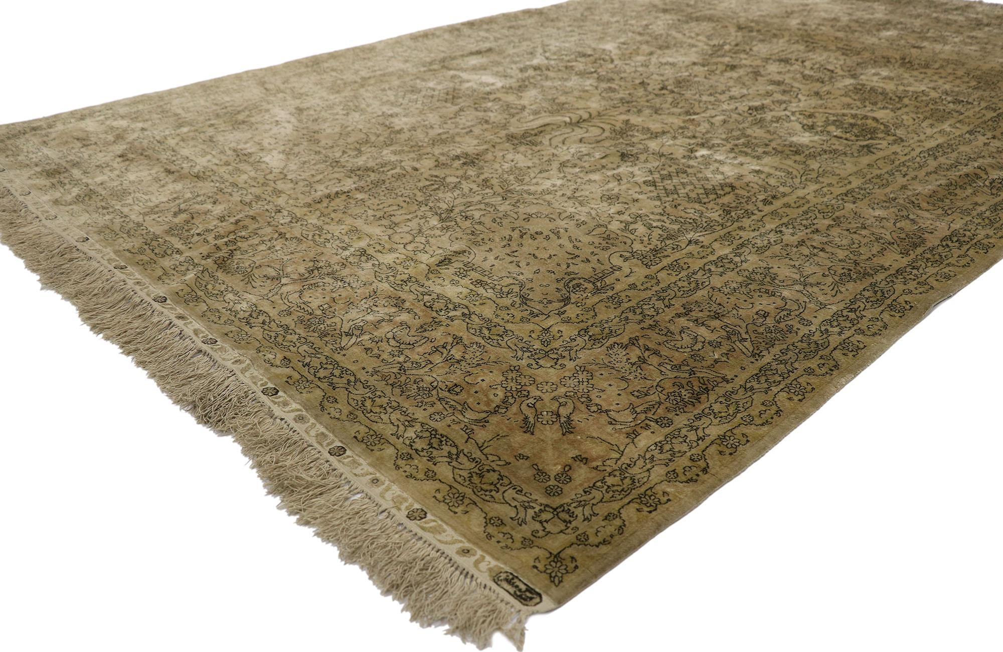 21685 vintage Turkish silk Hereke rug with Art Nouveau style 05'01 x 08'00. Warm and inviting with incredible detail and texture, this hand-knotted silk vintage Turkish Hereke rug charms with ease. Taking center stage is an open concentric round