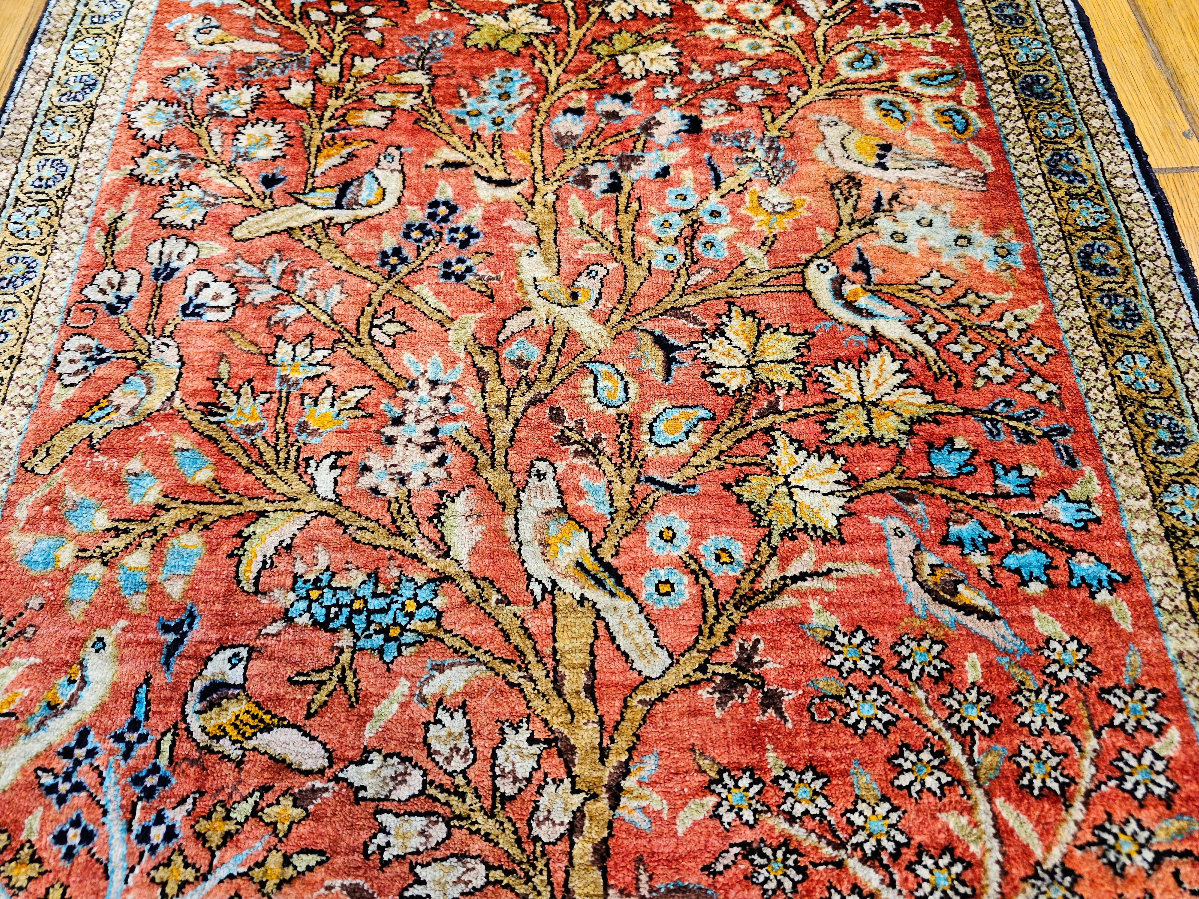 Vintage Turkish Silk Hereke Tree of Life Pictorial Rug in Rust Red, Blue, Green 5