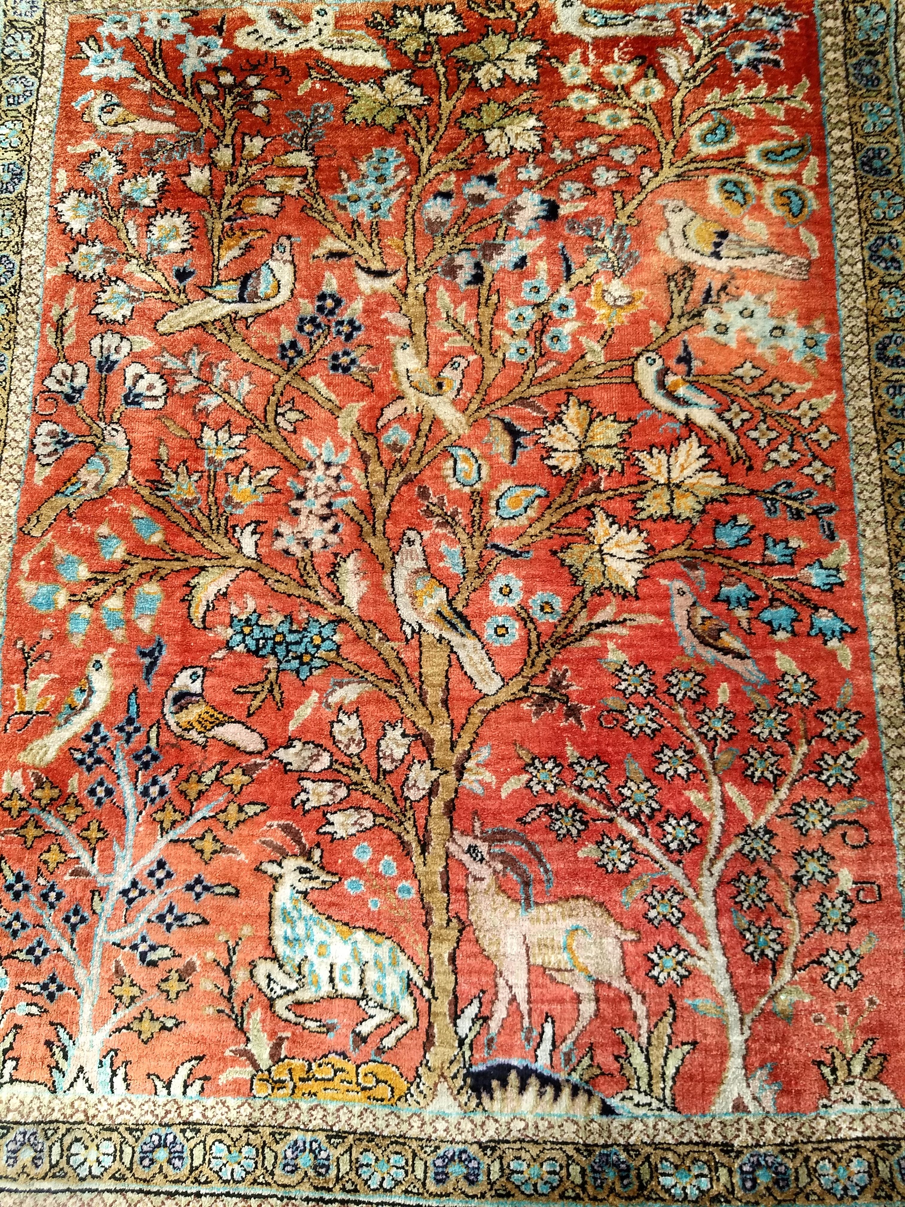 Hand-Woven Vintage Turkish Silk Hereke Tree of Life Pictorial Rug in Rust Red, Blue, Green For Sale