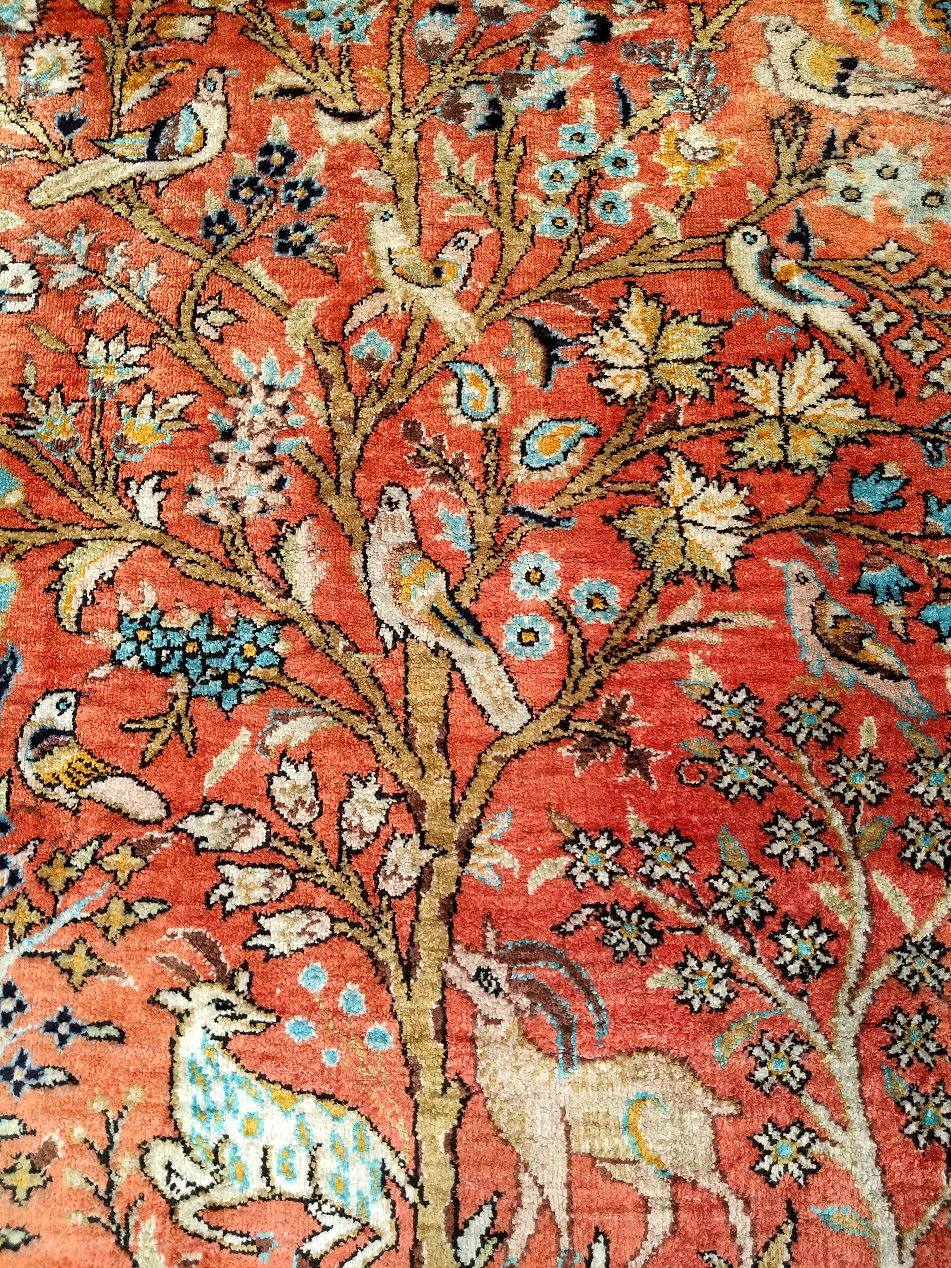 Vintage Turkish Silk Hereke Tree of Life Pictorial Rug in Rust Red, Blue, Green In Good Condition For Sale In Barrington, IL