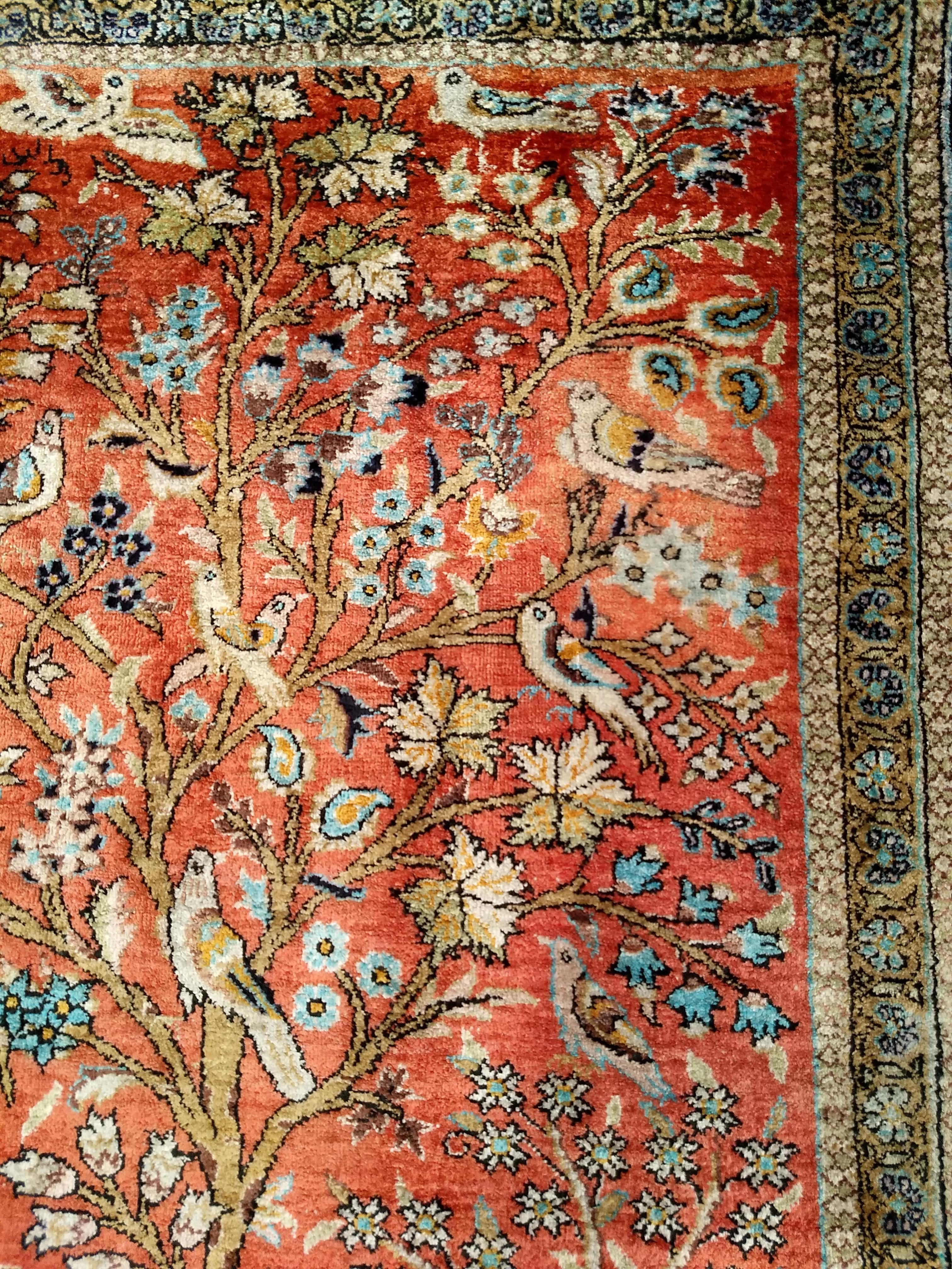 Vintage Turkish Silk Hereke Tree of Life Pictorial Rug in Rust Red, Blue, Green 2