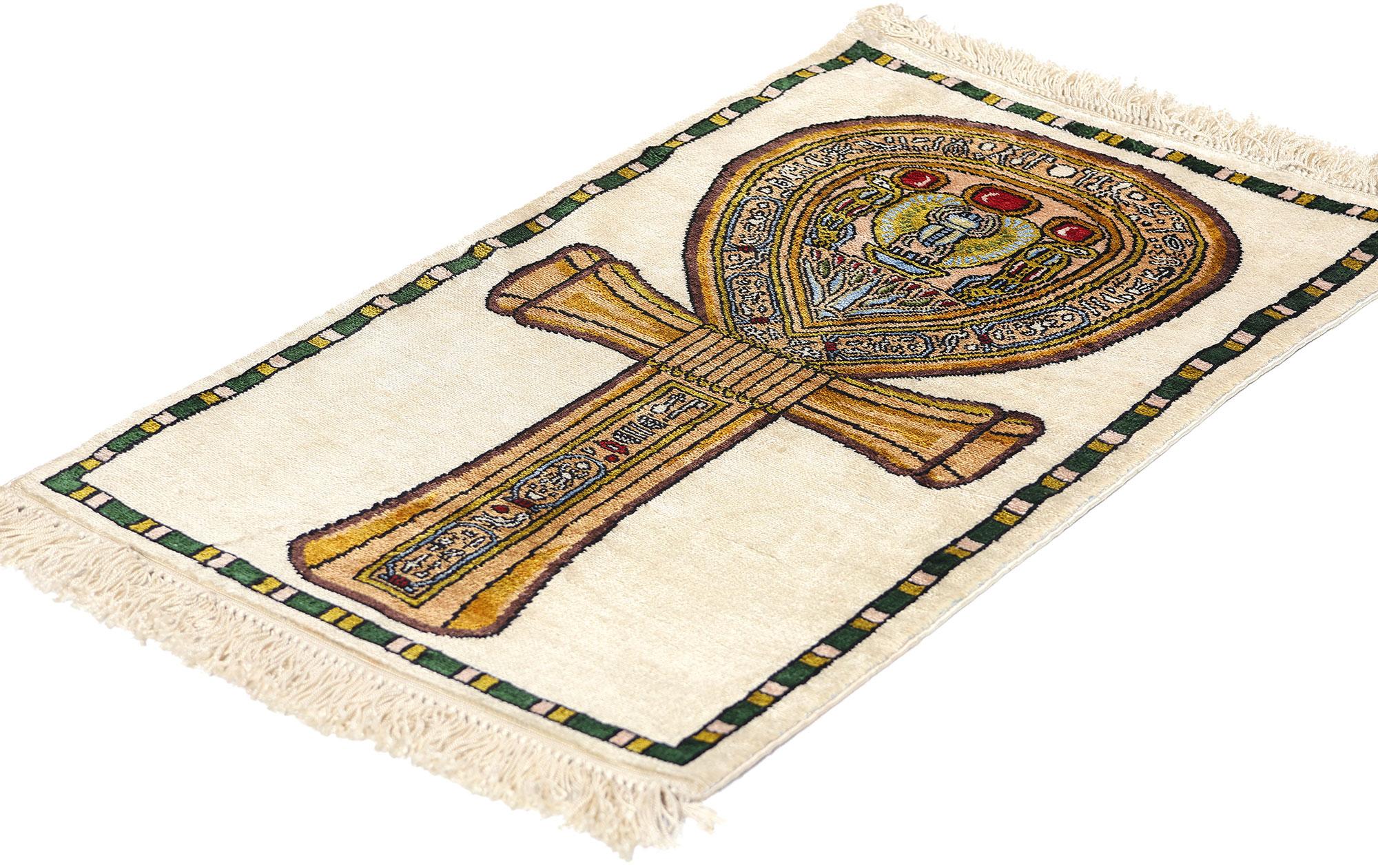 78745 Vintage Turkish Silk Rug with Egyptian Ankh Motif, 01'04 x 02'01. This hand knotted vintage Turkish silk rug features a large-scale Egyptian Ankh motif, making it a unique and beautiful piece. The combination of Turkish craftsmanship with an