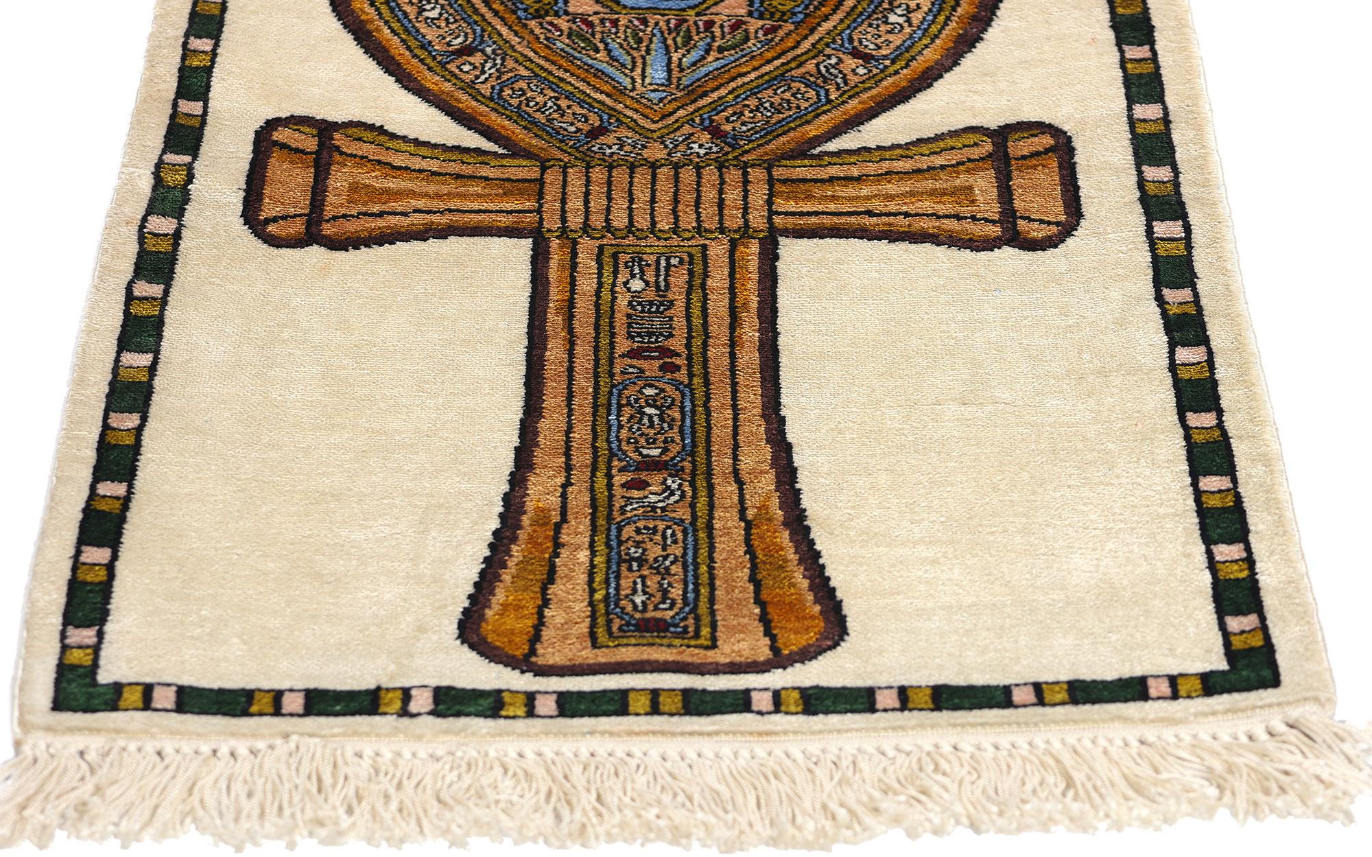 Hand-Knotted Vintage Turkish Silk Rug Ankh Motif For Sale