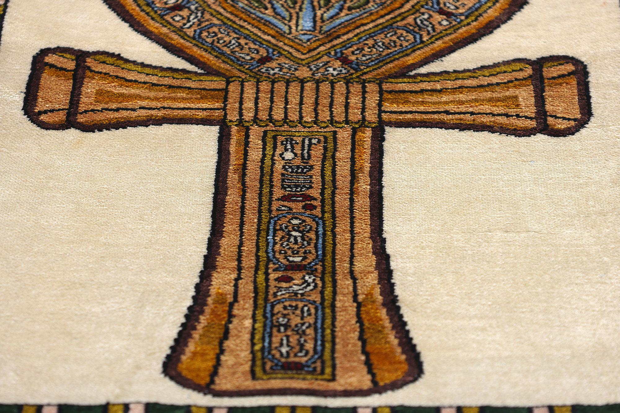 Vintage Turkish Silk Rug Ankh Motif In Good Condition For Sale In Dallas, TX