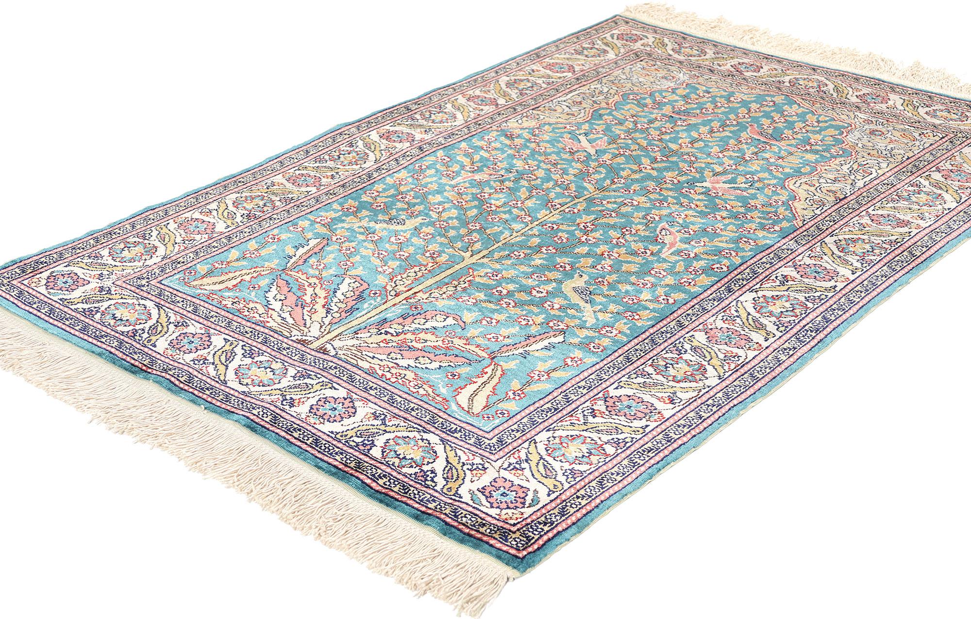 78777 Vintage Turkish Silk Kayseri Tree of Life Prayer Rug, 02'09 x 04'02. In the enchanting realm of Turkish craftsmanship, the Kayseri Tree of Life rugs emerge as radiant treasures, known also as Islamic Sajdah prayer mats. Woven with delicate