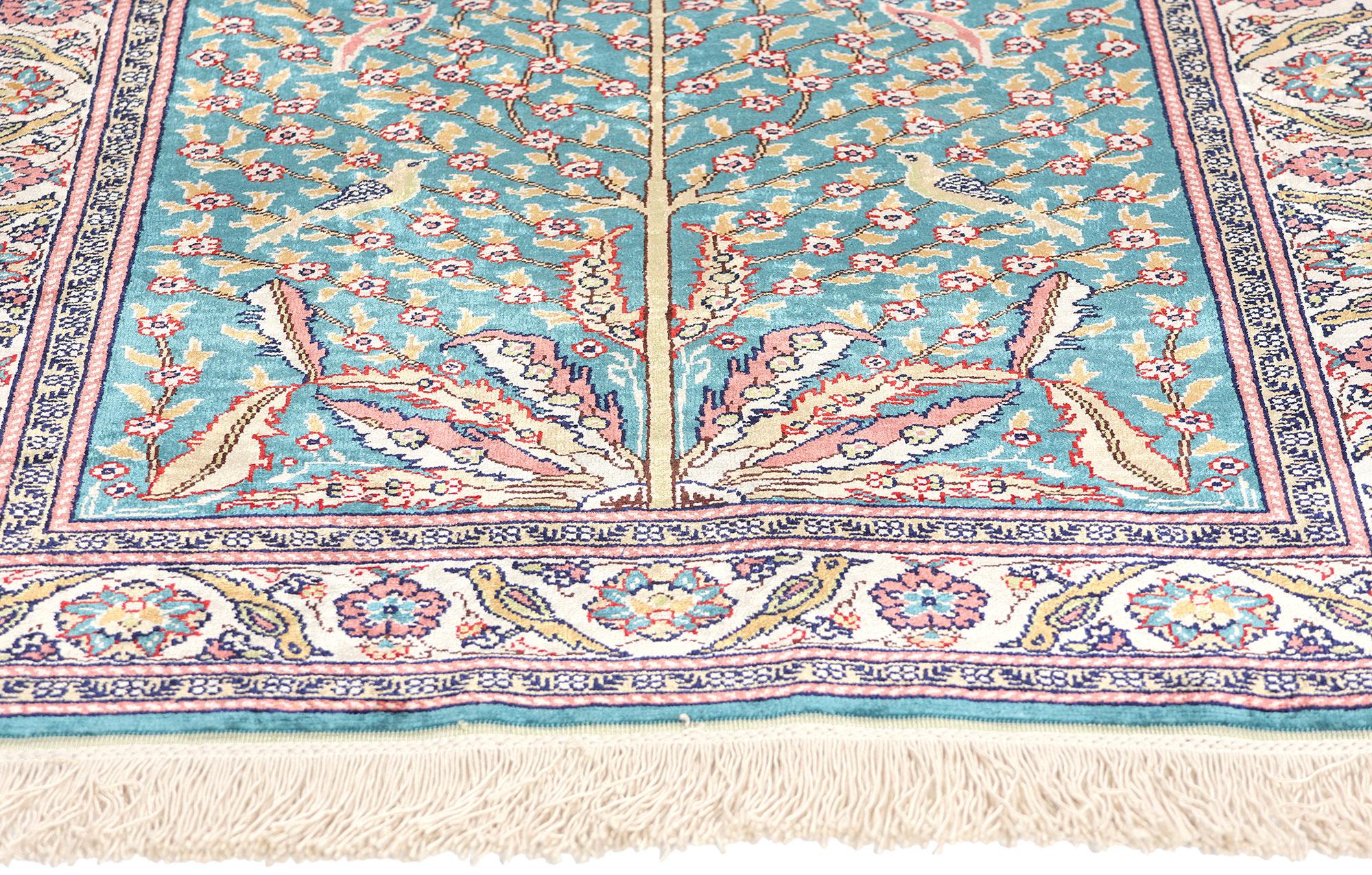 Hand-Knotted Vintage Turkish Silk Tree of Life Carpet with Garden of Paradise For Sale