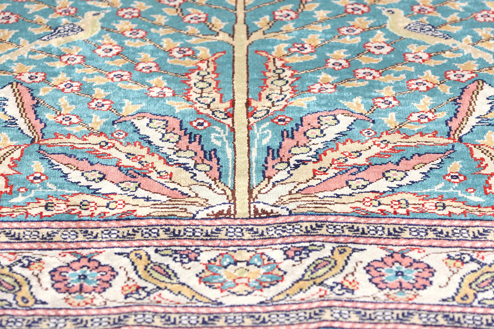 Vintage Turkish Silk Tree of Life Carpet with Garden of Paradise In Good Condition For Sale In Dallas, TX
