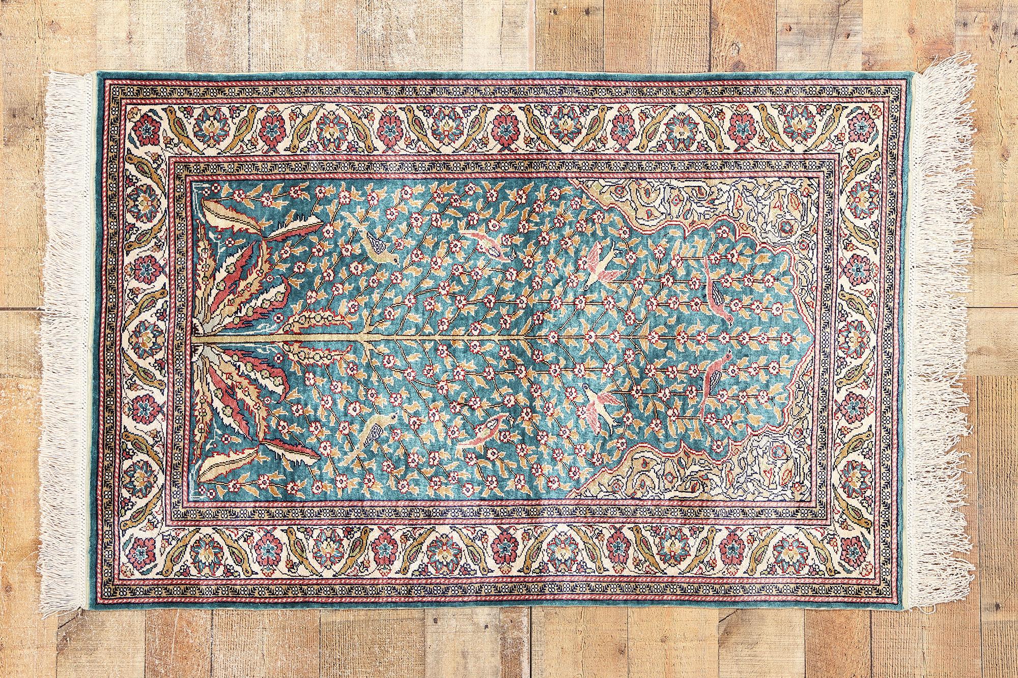 Alfombra turca vintage de seda Árbol de la Vida con Jardín del Paraíso Seda en venta
