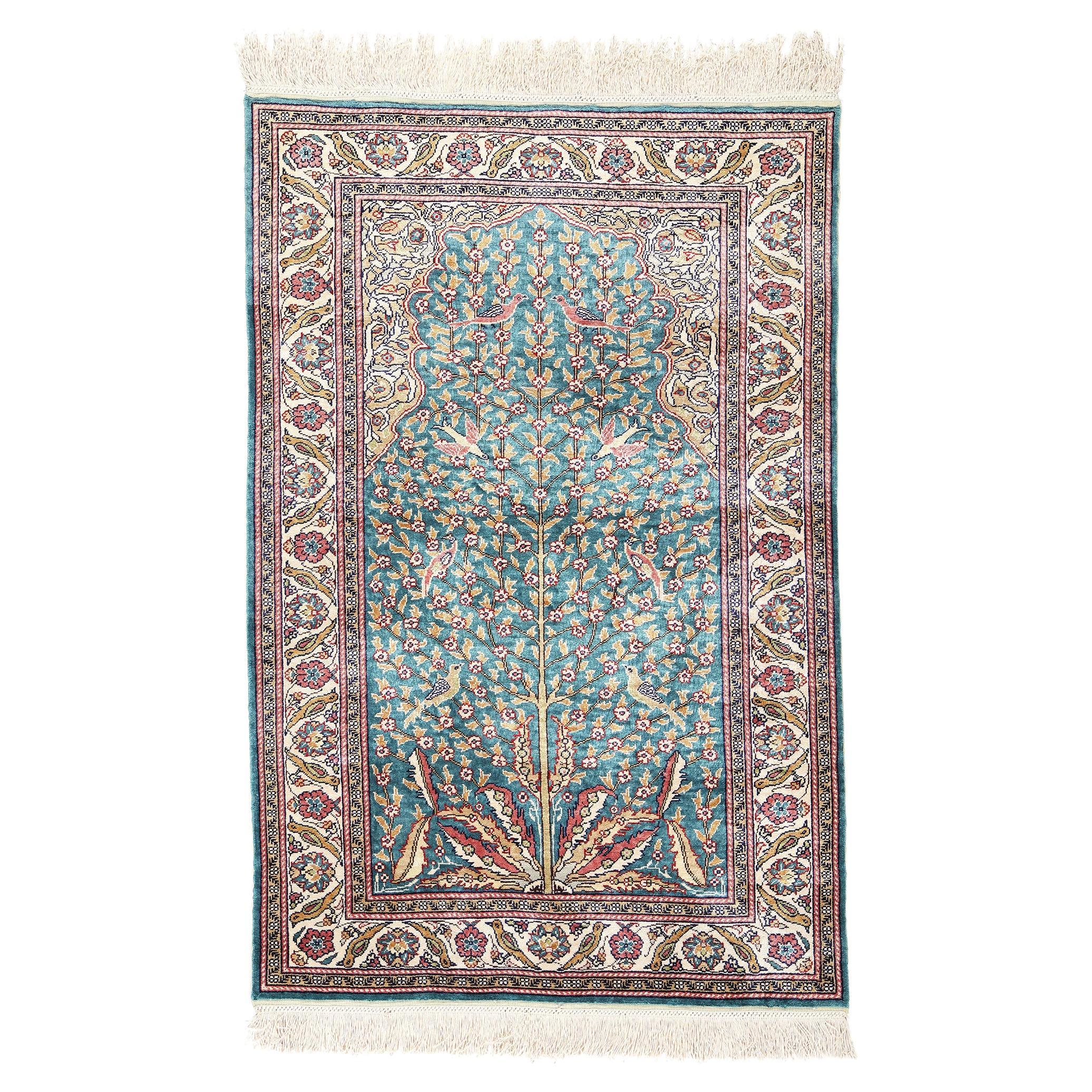 Vintage Turkish Silk Tree of Life Carpet with Garden of Paradise For Sale
