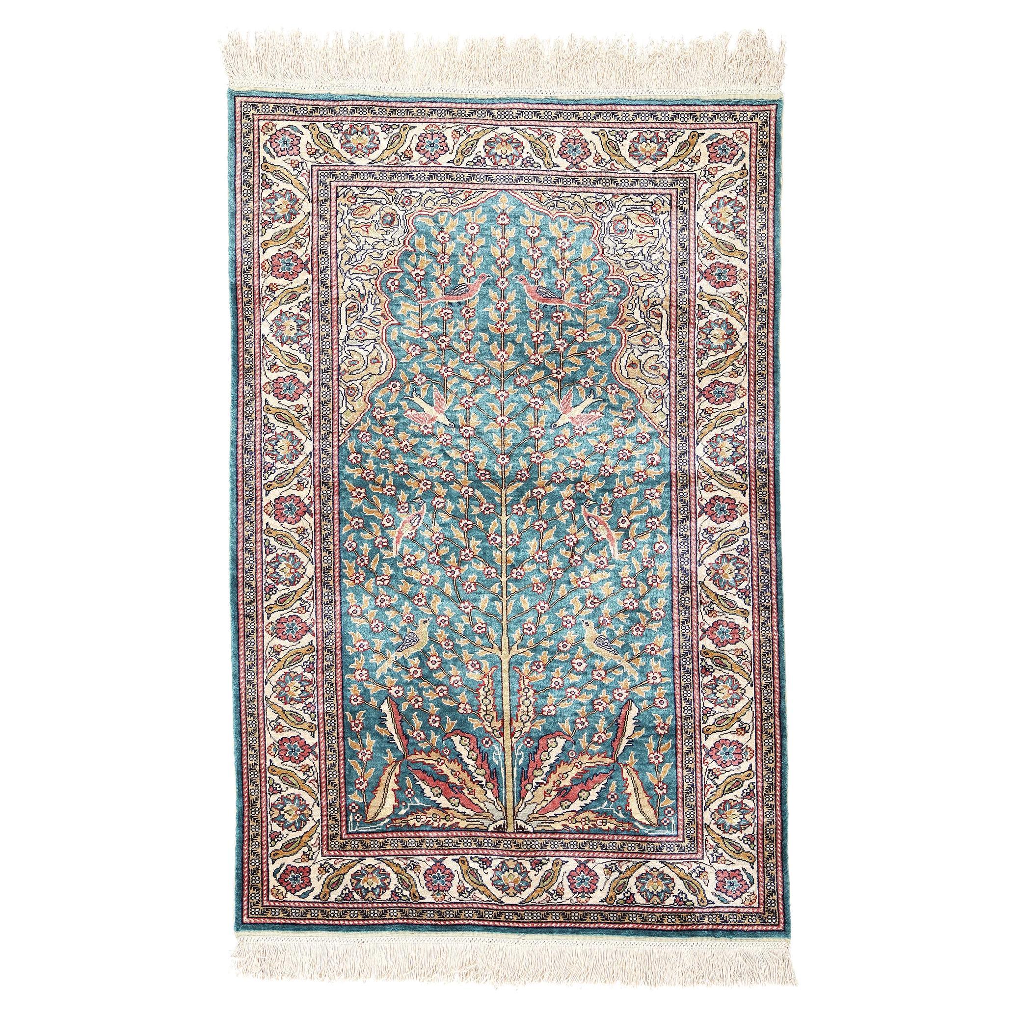 Alfombra turca vintage de seda Árbol de la Vida con Jardín del Paraíso en venta