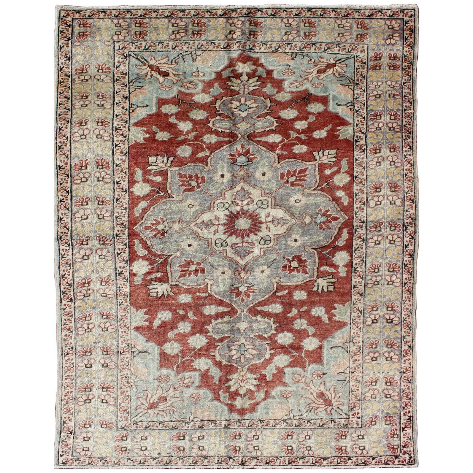 Vintage Turkish Sivas Fine Rug in Red, Light Blue, Gray & Light Yellow Green For Sale