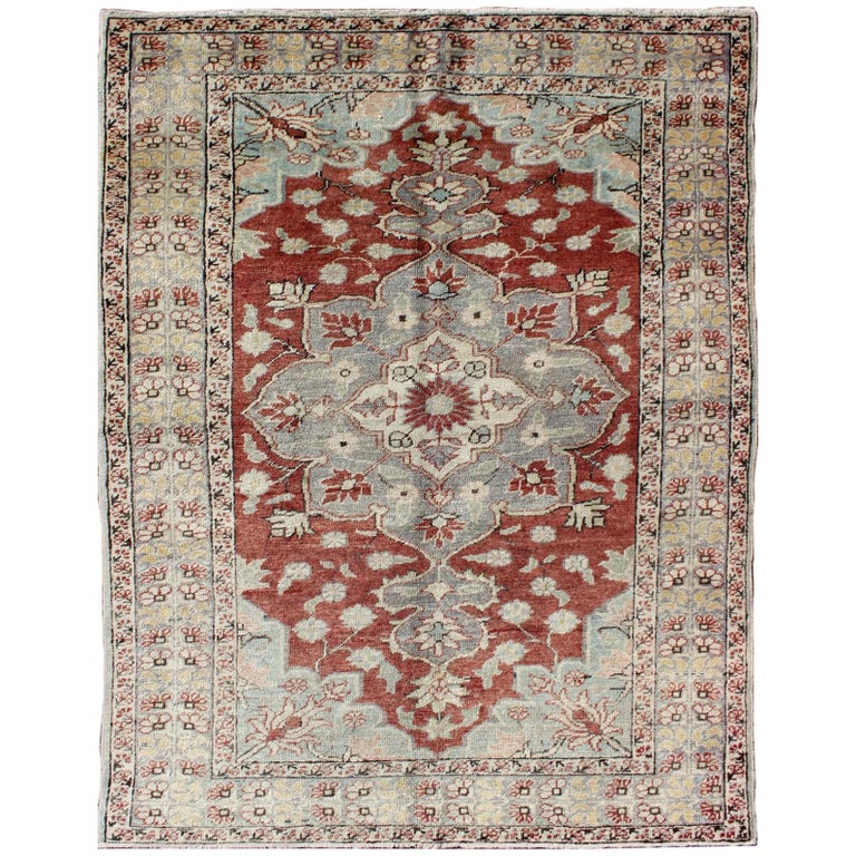 Vintage Turkish Sivas Fine Rug in Red, Light Blue, Gray and Light