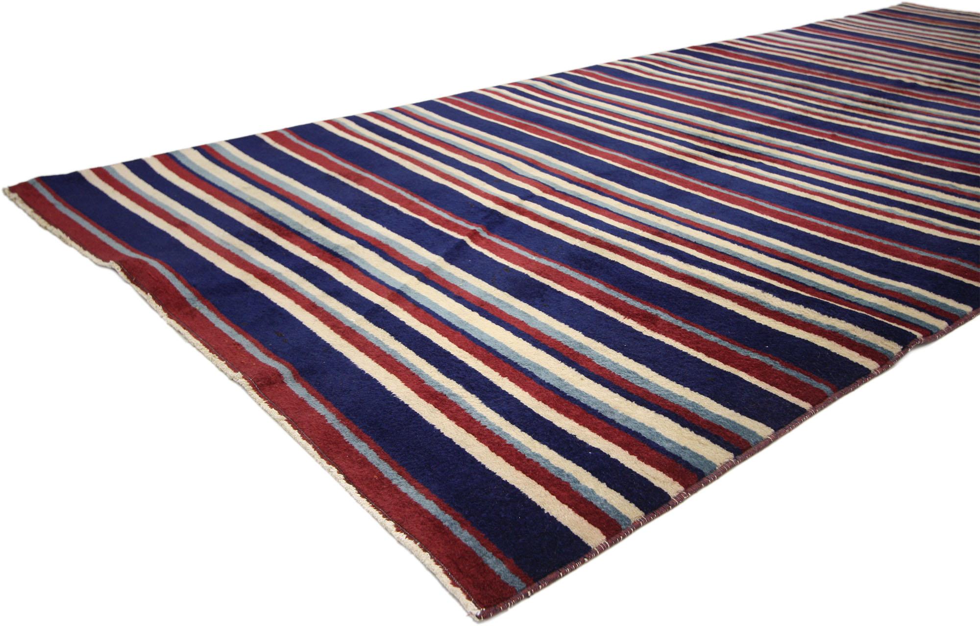 51346, vintage Turkish Sivas Gallery rug with stripes and nautical style, wide hallway runner. With its nautical style and cozy coastal vibes, this hand knotted wool vintage Turkish Sivas rug features a series of Bayadere stripes composed of