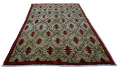 Vintage Turkish Sivas Red Green Wool Rug 4'9''x6'7''