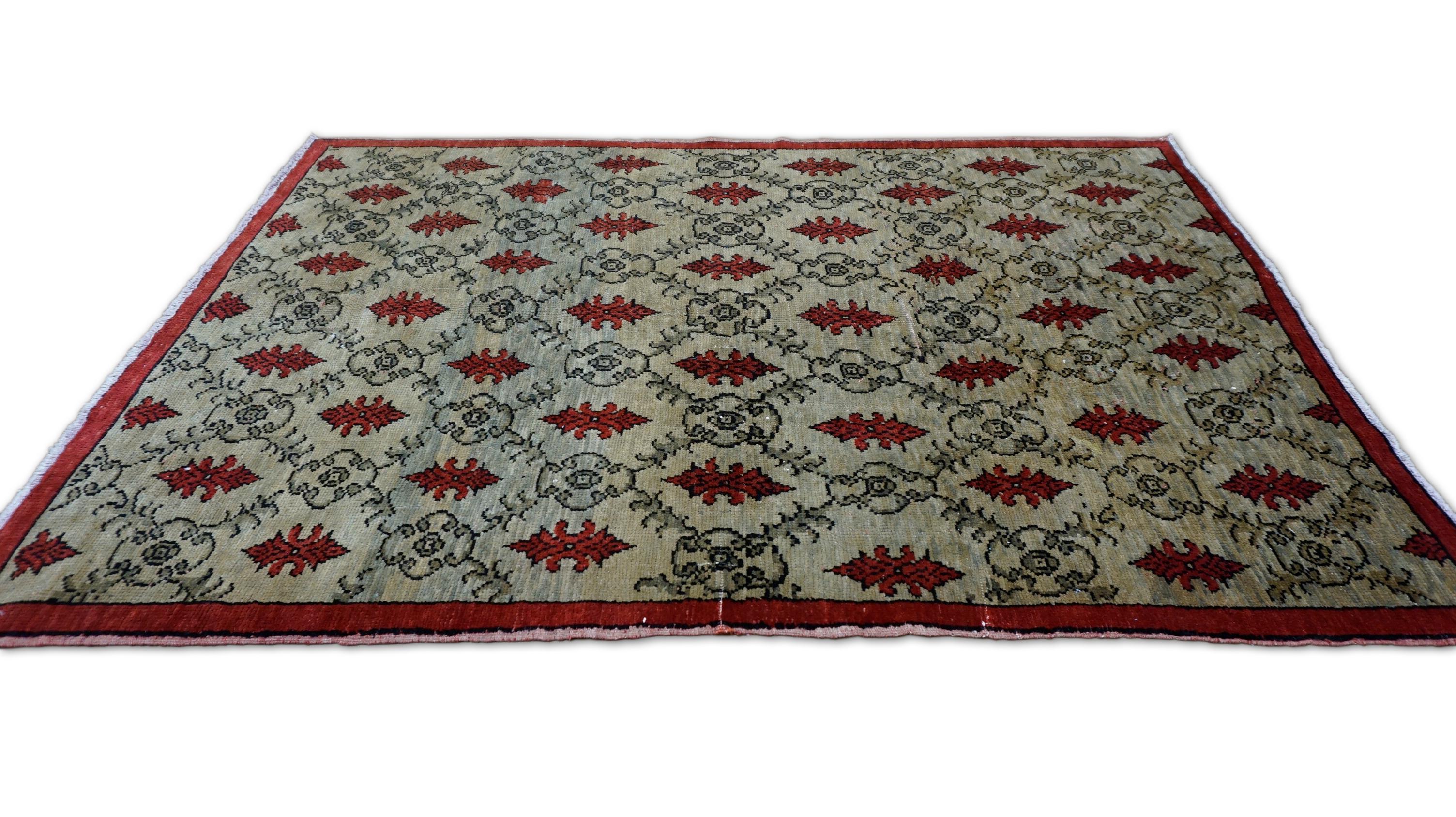 Türkischer Sivas-Wollteppich in Rot und Grün, 4'9''x6'7'' (Arts and Crafts) im Angebot