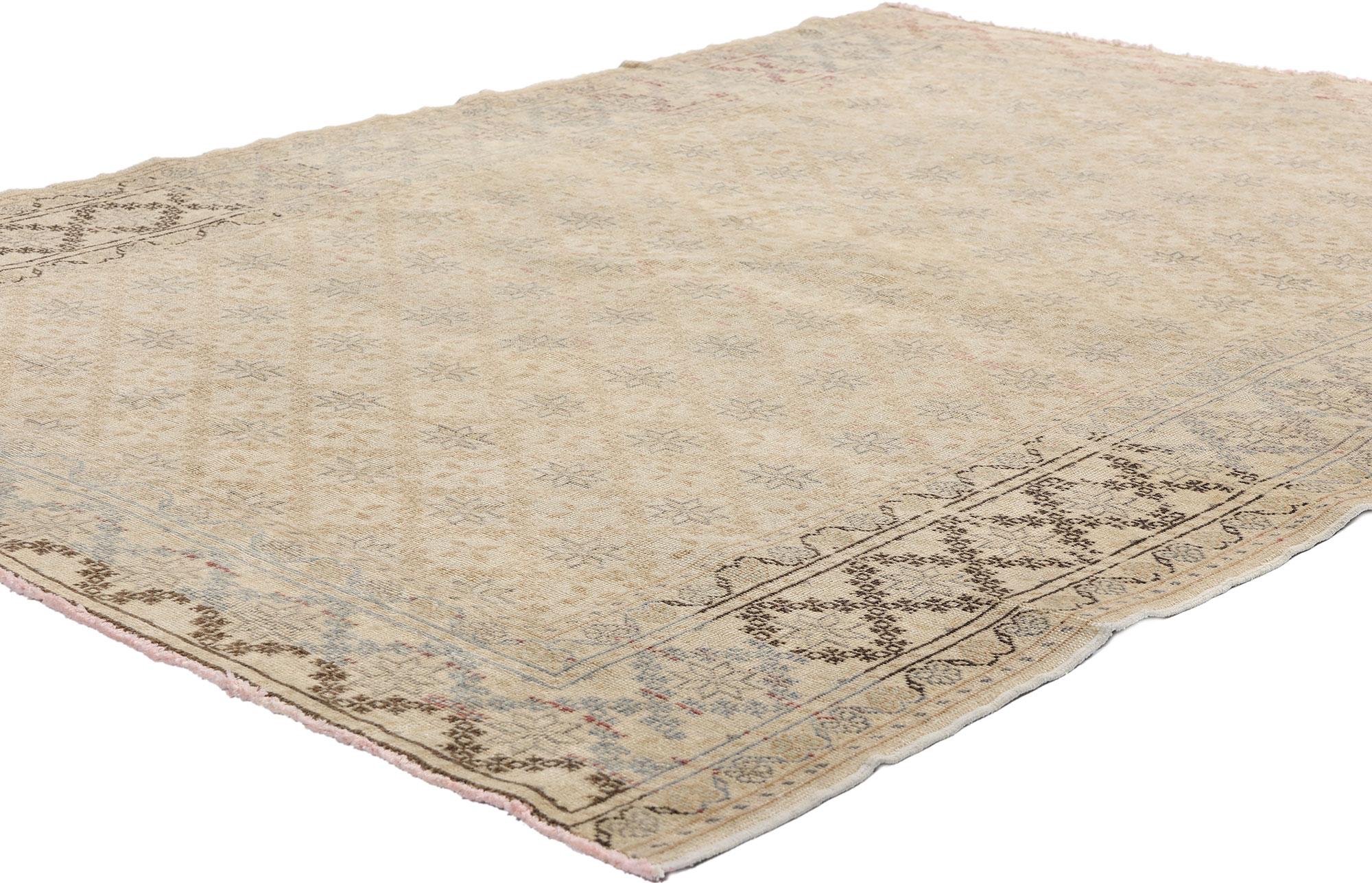 53938 Distressed Vintage Turkish Sivas Rug, 03'10 x  05'04. Antique-wash Turkish Sivas rugs, originating from Sivas in central Anatolia, Turkey, are renowned for their vintage aesthetic achieved through a special treatment. With a faded or