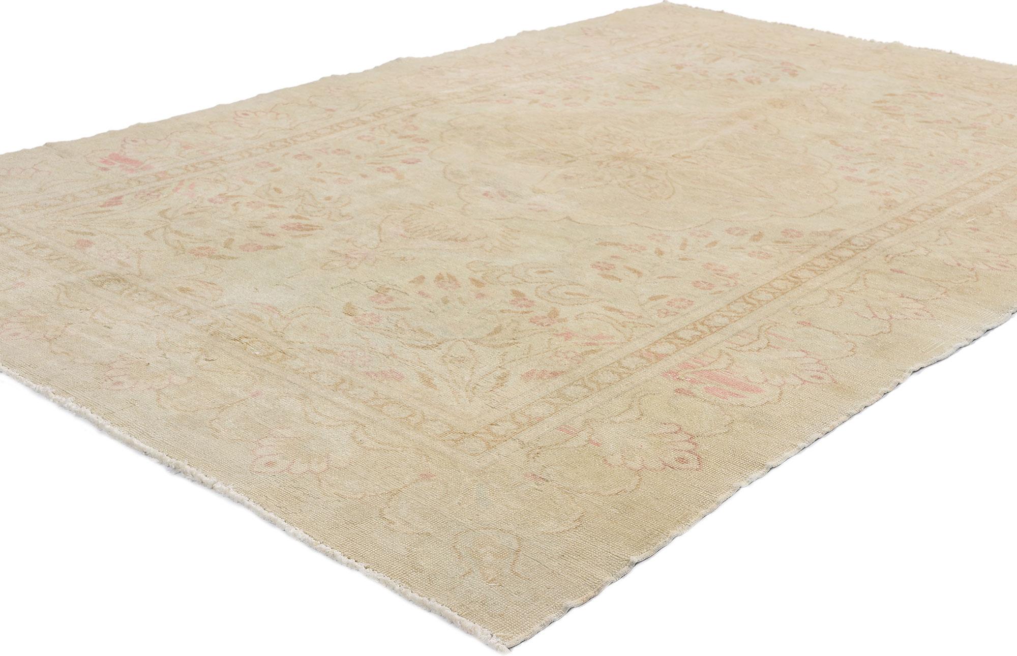 53937 Vintage Turkish Sivas Rug, 03'11 x 06'00. Hailing from Sivas in central Anatolia, Turkey, antique-wash Turkish Sivas rugs are celebrated for their vintage allure achieved through a unique treatment process. Evoking the essence of relaxed