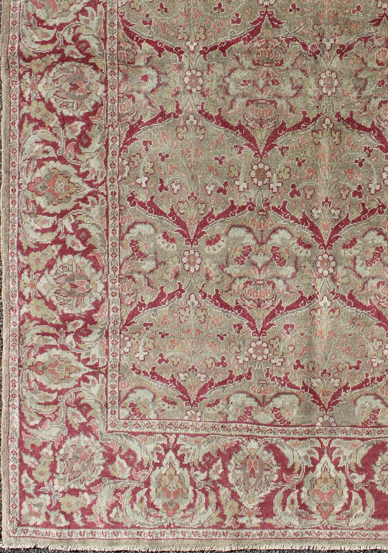 Hand-Knotted Vintage Turkish Sivas Rug in Burgundy Red, Cream, & Taupe with All-Over Design For Sale