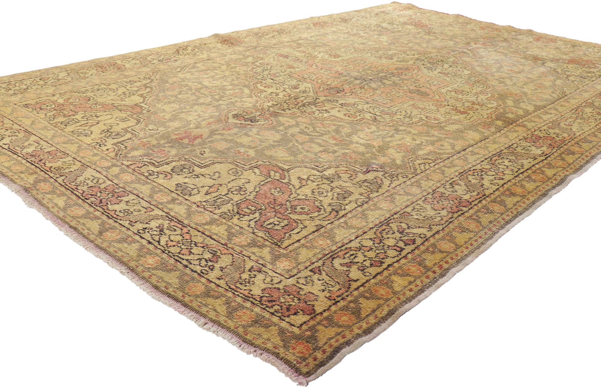 50525 Vintage Turkish Sivas Rug, 04'10 x 07'06.
Rugged beauty meets casual elegance in this hand knotted wool vintage Turkish Sivas rug. The romantic botanical design and warm, dreamy colorway in this piece capture the essence of nostalgic charm and