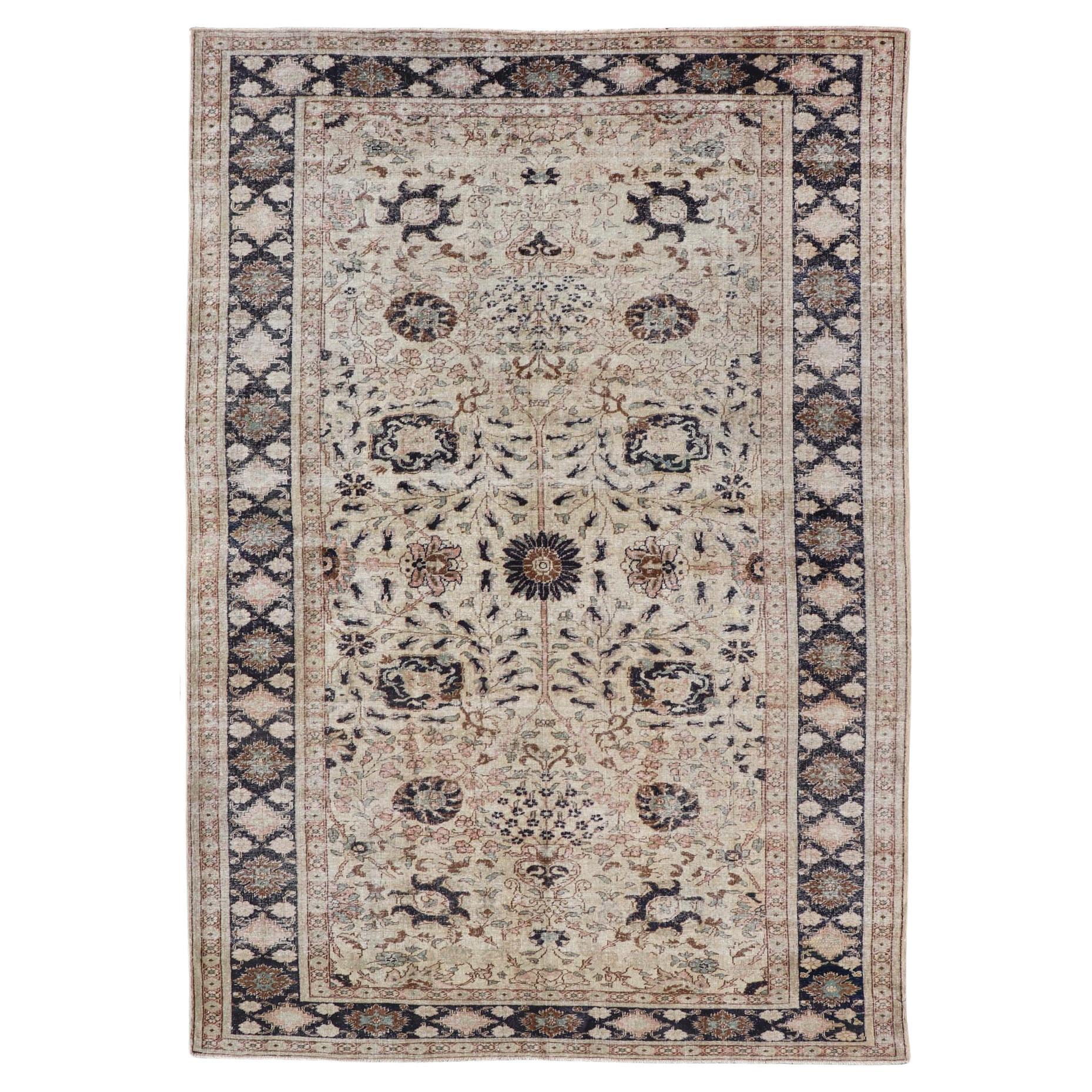 Alfombra turca vintage de Sivas con motivos florales en marfil y marrón 6'2 "X9'4" (6'2 "X9'4")